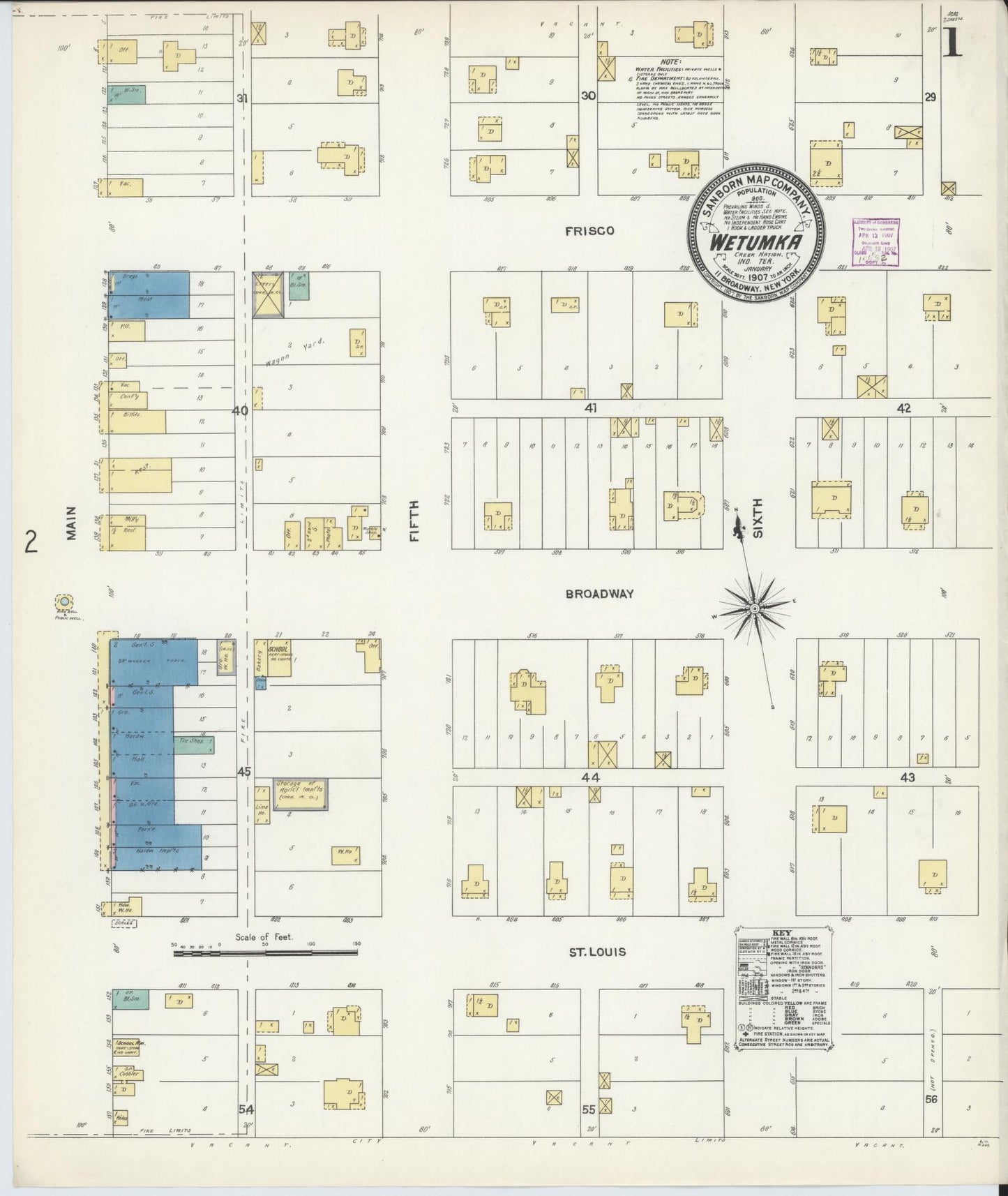 Sanborn Fire Insurance Map from Wetumka, Hughes County, Oklahoma (1907), Sheet #0001 - Historic Sanborn Fire Insurance Map Print, vintage old map wall art, antique decor, genealogy gift, Oklahoma Oklahoma map