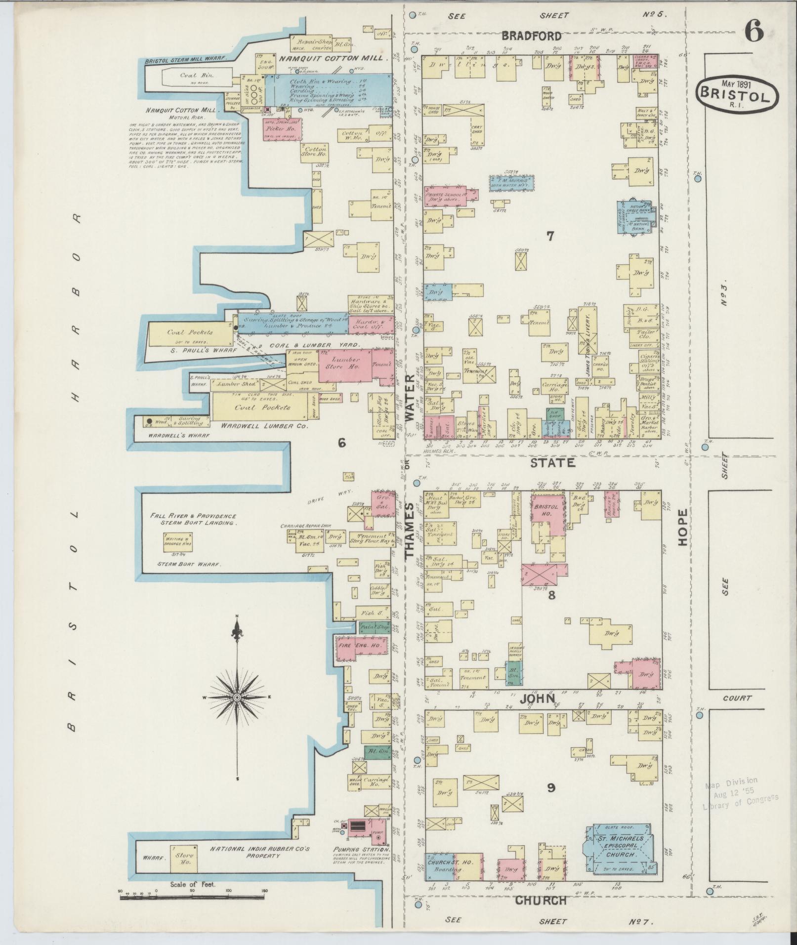 Sanborn Fire Insurance Map from Bristol, Bristol County, Rhode Island (1891), Sheet #0006 - Historic Sanborn Fire Insurance Map Print, vintage old map wall art, antique decor, genealogy gift, Rhode Island Rhode Island map