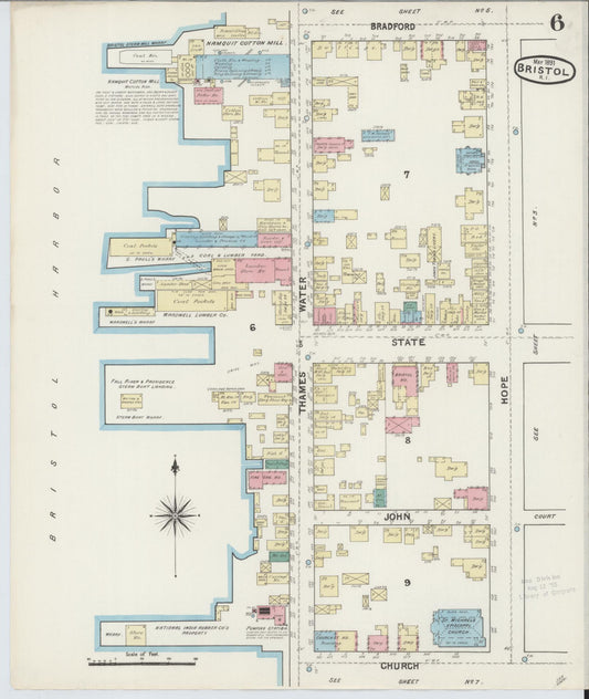 Sanborn Fire Insurance Map from Bristol, Bristol County, Rhode Island (1891), Sheet #0006 - Historic Sanborn Fire Insurance Map Print, vintage old map wall art, antique decor, genealogy gift, Rhode Island Rhode Island map