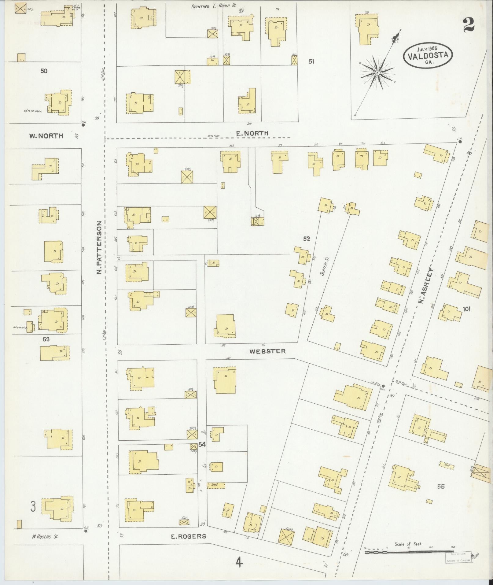 Sanborn Fire Insurance Map from Valdosta, Lowndes County, Georgia (1905), Sheet #0002 - Historic Sanborn Fire Insurance Map Print, vintage old map wall art, antique decor, genealogy gift, Georgia Georgia map