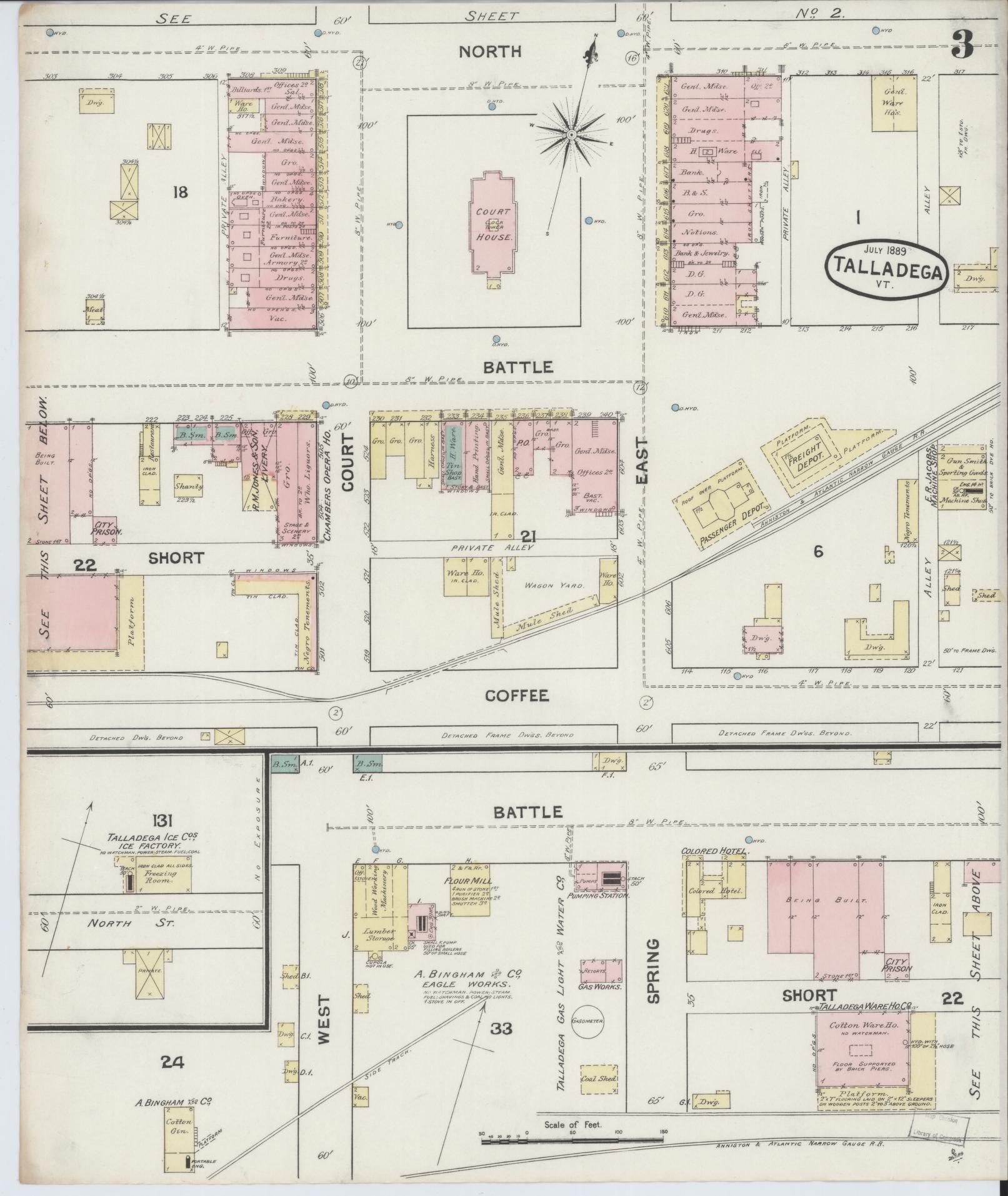 Sanborn Fire Insurance Map from Talladega, Talladega County, Alabama (1889), Sheet #0003 - Historic Sanborn Fire Insurance Map Print, vintage old map wall art, antique decor, genealogy gift, Alabama Alabama map
