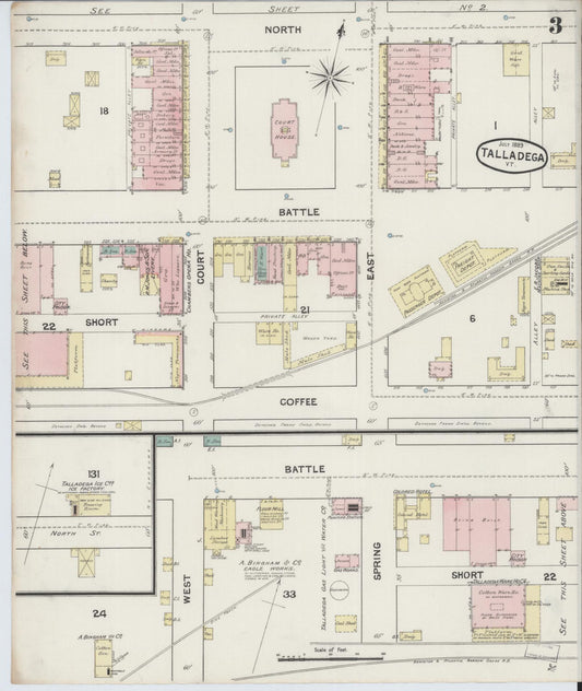 Sanborn Fire Insurance Map from Talladega, Talladega County, Alabama (1889), Sheet #0003 - Historic Sanborn Fire Insurance Map Print, vintage old map wall art, antique decor, genealogy gift, Alabama Alabama map