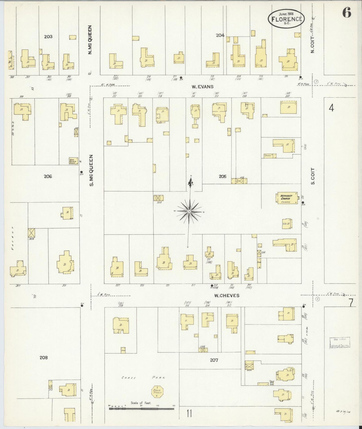 Sanborn Fire Insurance Map from Florence, Florence County, South Carolina (1908), Sheet #0006 - Complete Map Set gallery image, historic Sanborn map, vintage wall art, South Carolina South Carolina
