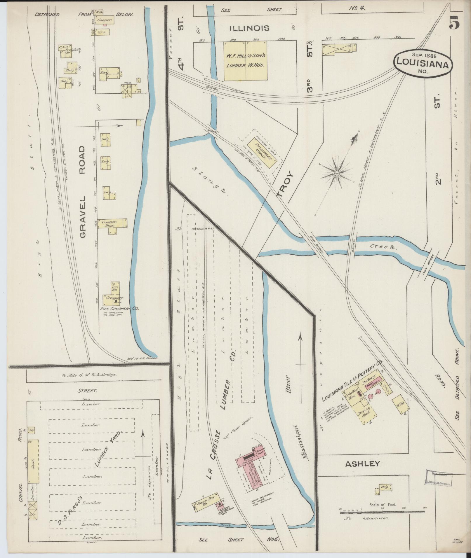 Sanborn Fire Insurance Map from Louisiana, Pike County, Missouri (1885), Sheet #0005 - Complete Map Set gallery image, historic Sanborn map, vintage wall art, Missouri Missouri