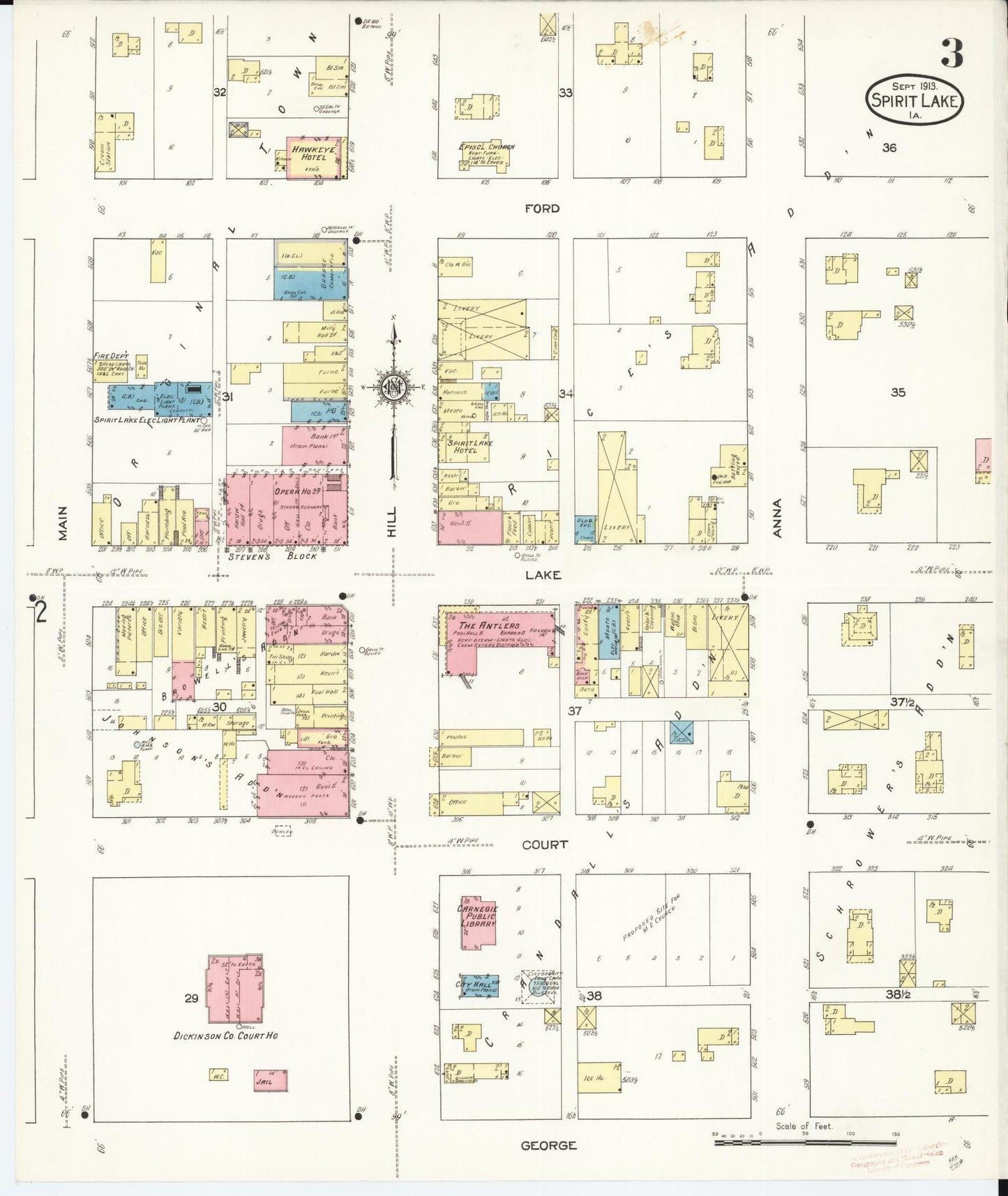 Sanborn Fire Insurance Map from Spirit Lake, Dickinson County, Iowa (1913), Sheet #0003 - Historic Sanborn Fire Insurance Map Print, vintage old map wall art