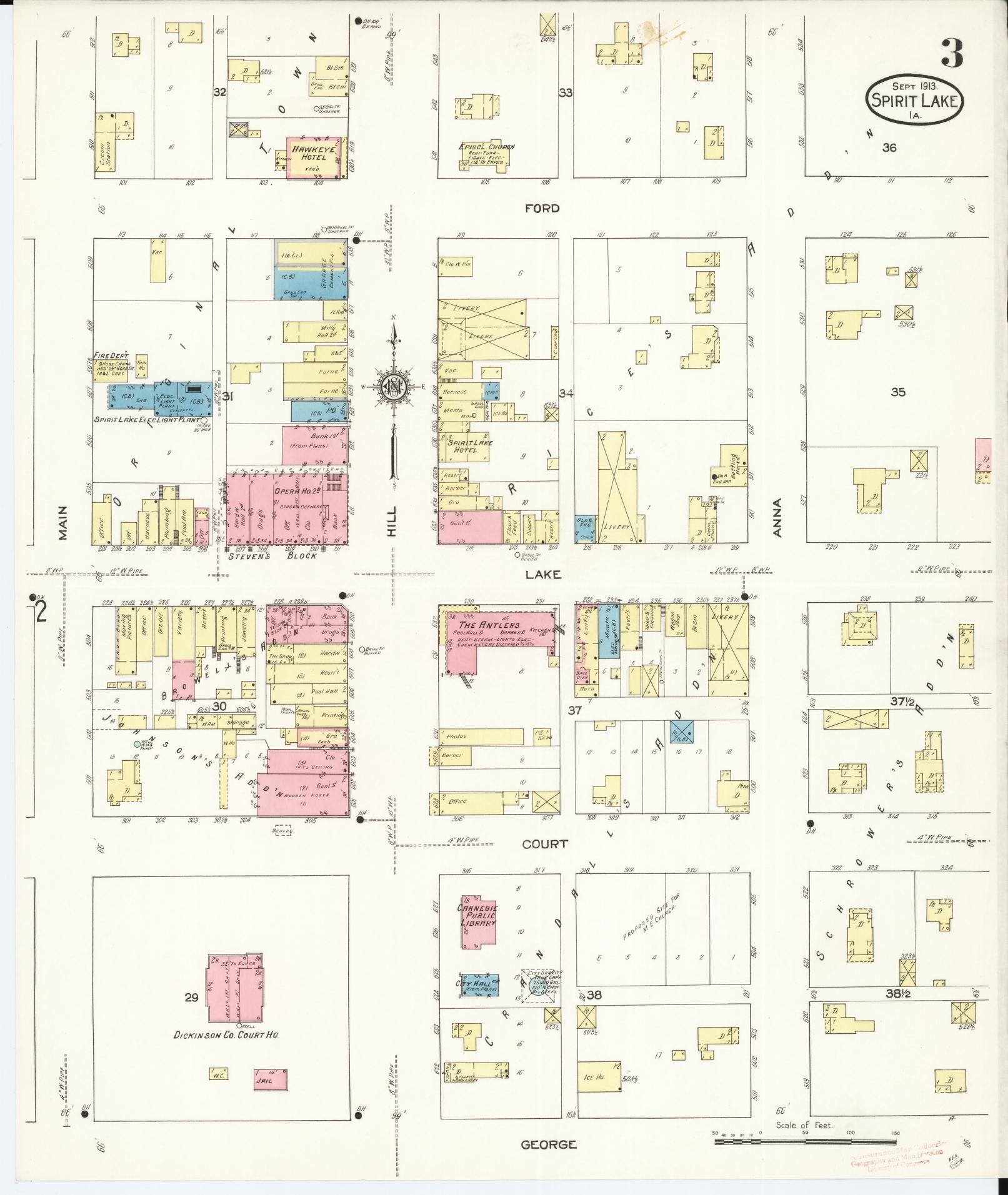 Sanborn Fire Insurance Map from Spirit Lake, Dickinson County, Iowa (1913), Sheet #0003 - Historic Sanborn Fire Insurance Map Print, vintage old map wall art