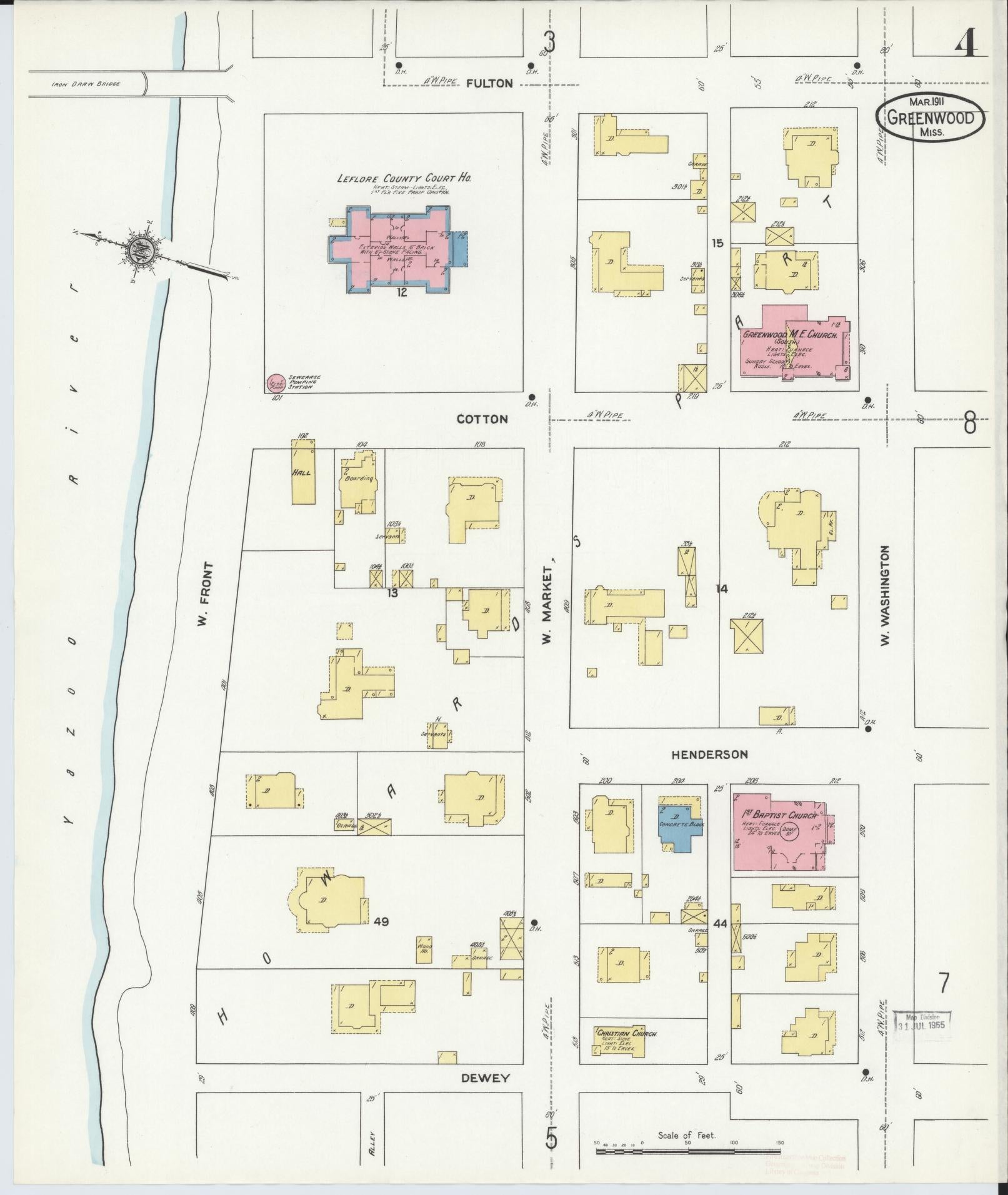 Sanborn Fire Insurance Map from Greenwood, Leflore County, Mississippi (1911), Sheet #0004 - Historic Sanborn Fire Insurance Map Print, vintage old map wall art, antique decor, genealogy gift, Mississippi Mississippi map