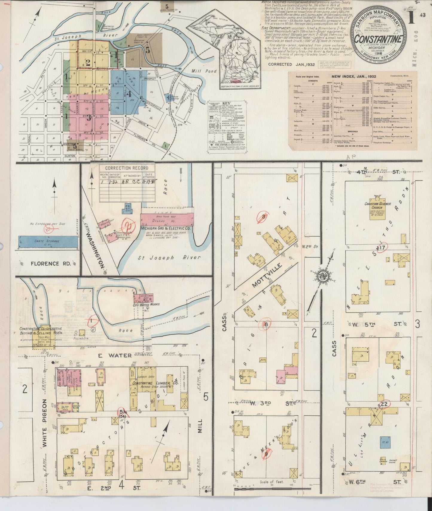 Sanborn Fire Insurance Map from Constantine, Saint Joseph County, Michigan (1932), Sheet #0001 - Complete Map Set gallery image, historic Sanborn map, vintage wall art, Michigan Michigan