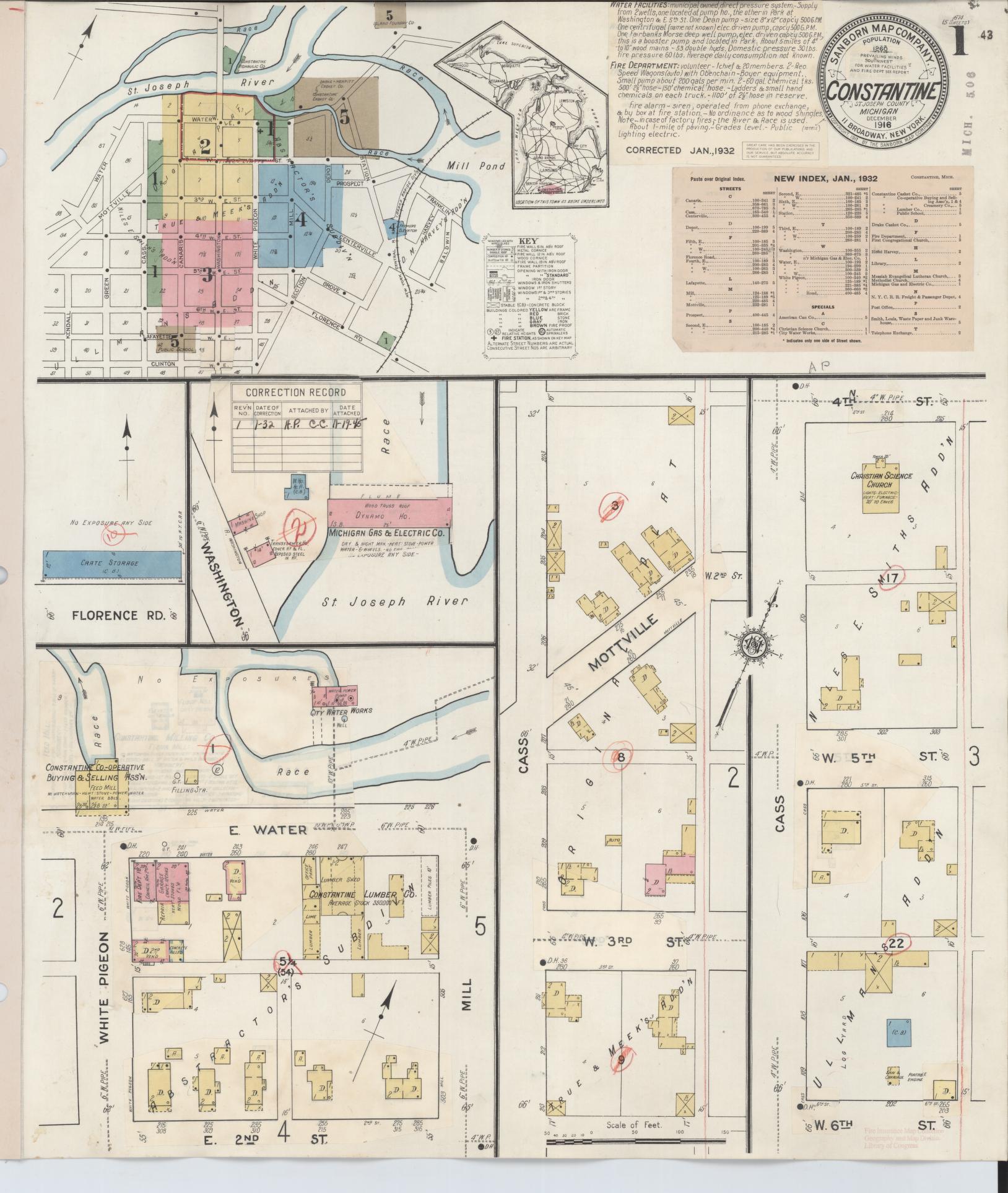 Sanborn Fire Insurance Map from Constantine, Saint Joseph County, Michigan (1932), Sheet #0001 - Complete Map Set gallery image, historic Sanborn map, vintage wall art, Michigan Michigan