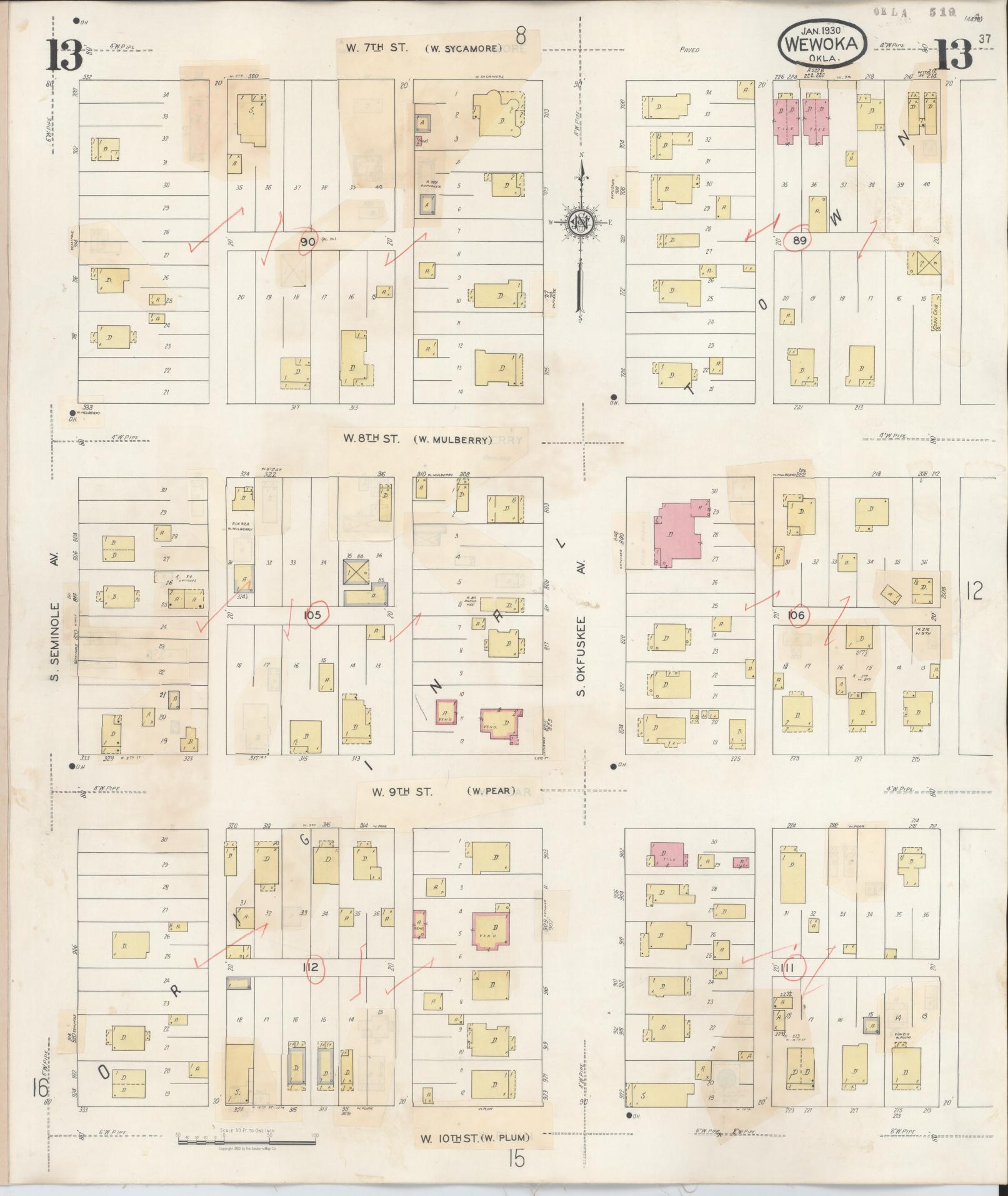 Sanborn Fire Insurance Map from Wewoka, Seminole County, Oklahoma (1945), Sheet #0013 - Complete Map Set gallery image, historic Sanborn map, vintage wall art, Oklahoma Oklahoma