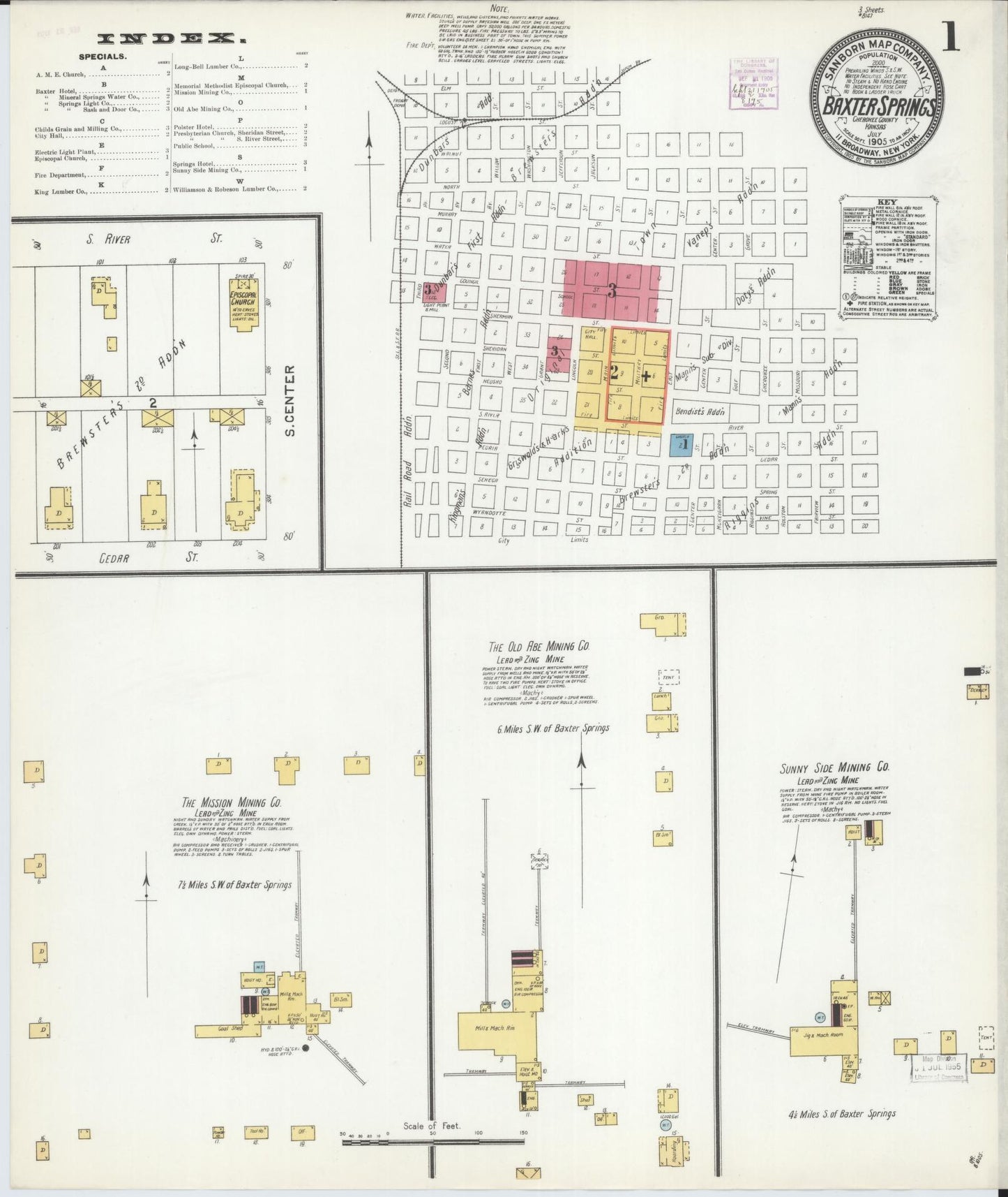 Sanborn Fire Insurance Map from Baxter Springs, Cherokee County, Kansas (1905), Sheet #0001 - Historic Sanborn Fire Insurance Map Print, vintage old map wall art, antique decor, genealogy gift, Kansas Kansas map