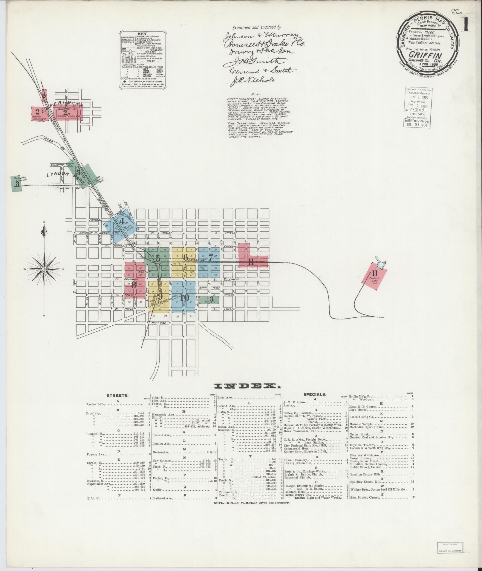 Sanborn Fire Insurance Map from Griffin, Spalding County, Georgia (1900), Sheet #0001 - Historic Sanborn Fire Insurance Map Print, vintage old map wall art, antique decor, genealogy gift, Georgia Georgia map