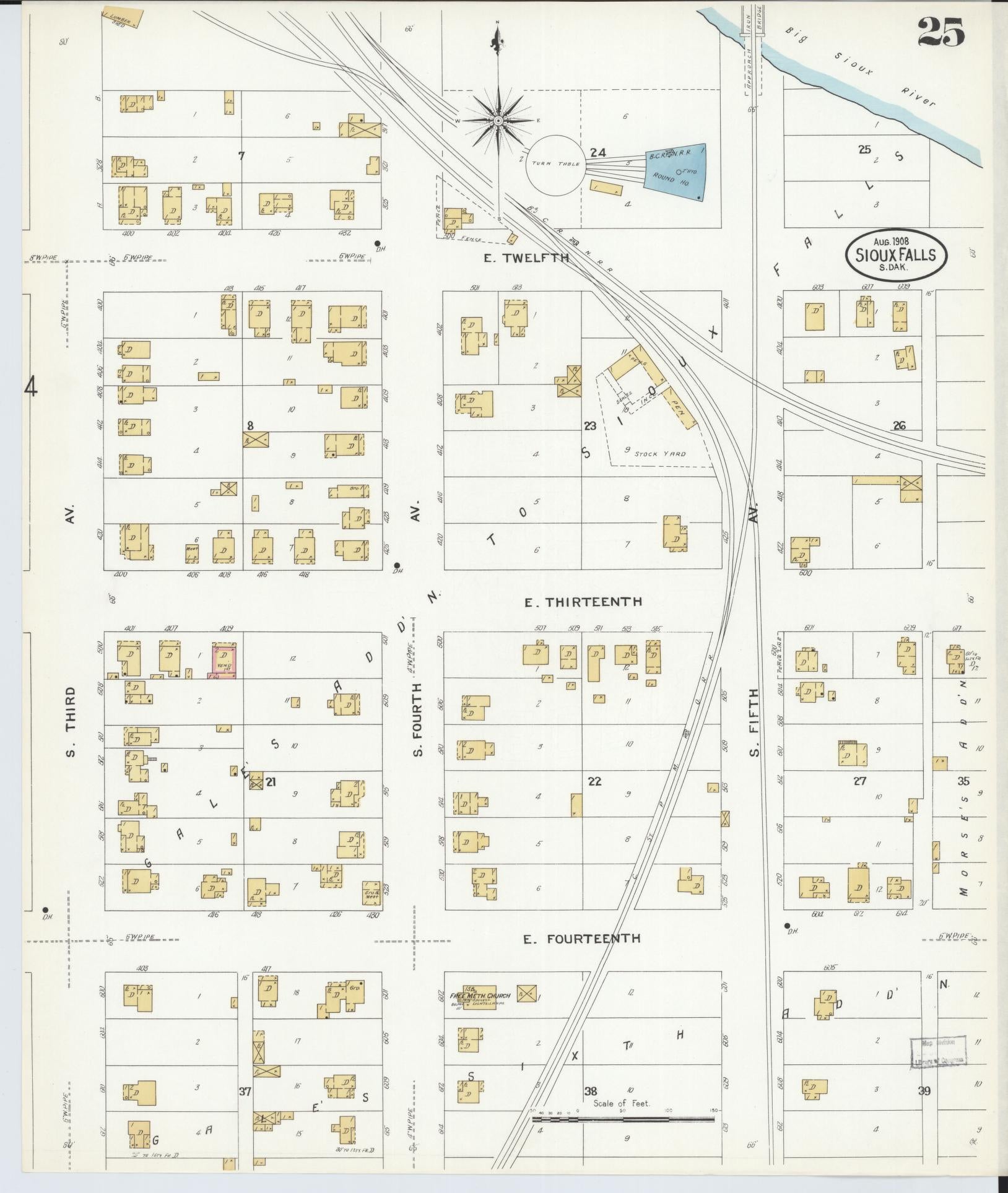 Sanborn Fire Insurance Map from Sioux Falls, Minnehaha County, South Dakota (1908), Sheet #0025 - Complete Map Set gallery image, historic Sanborn map, vintage wall art, South Dakota South Dakota