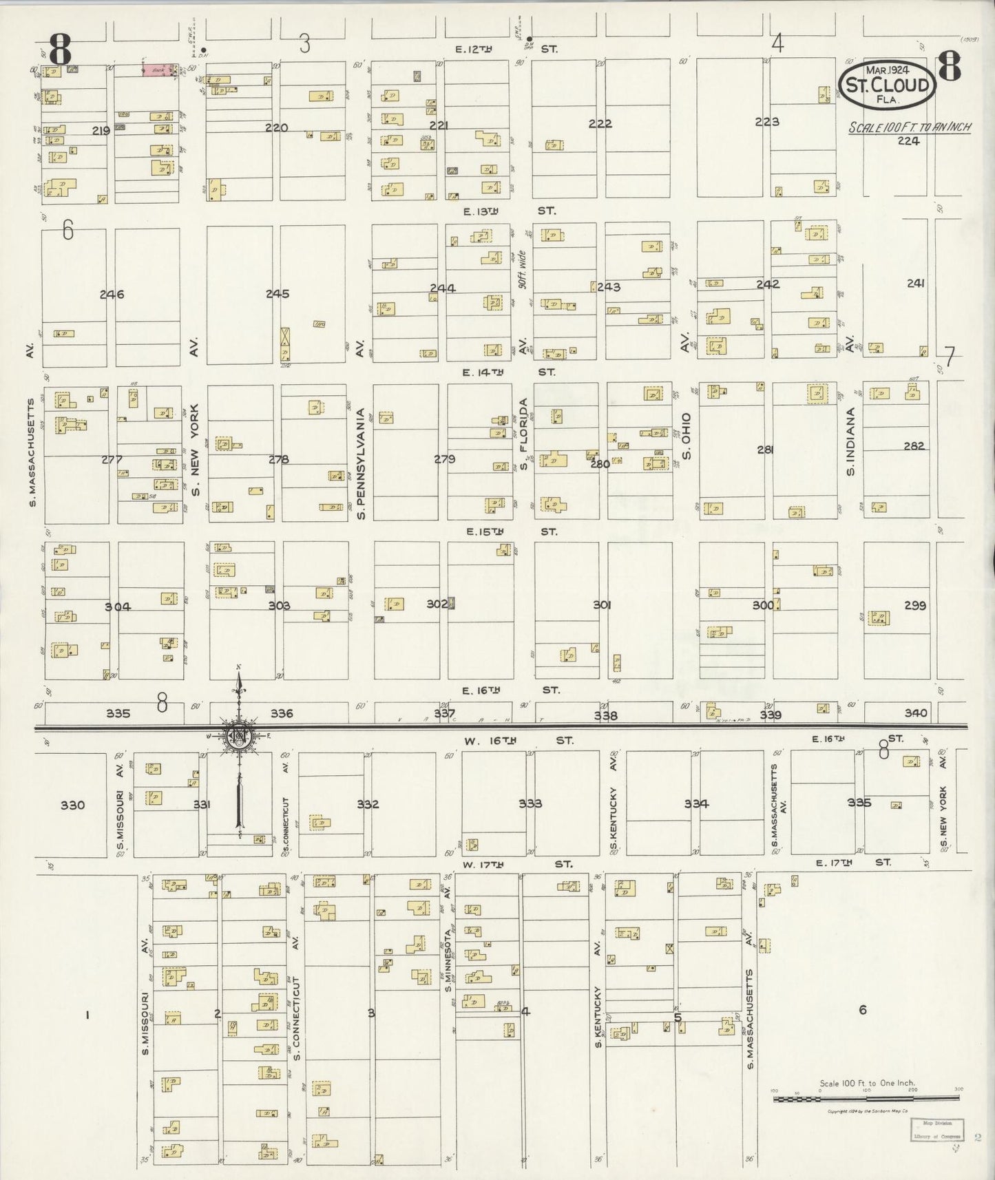 Sanborn Fire Insurance Map from Saint Cloud, Osceola County, Florida (1924), Sheet #0008 - Complete Map Set gallery image, historic Sanborn map, vintage wall art, Florida Florida