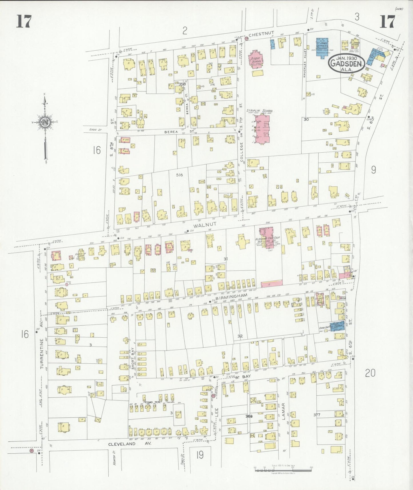 Sanborn Fire Insurance Map from Gadsden, Etowah County, Alabama (1930), Sheet #0017 - Historic Sanborn Fire Insurance Map Print, vintage old map wall art, antique decor, genealogy gift, Alabama Alabama map