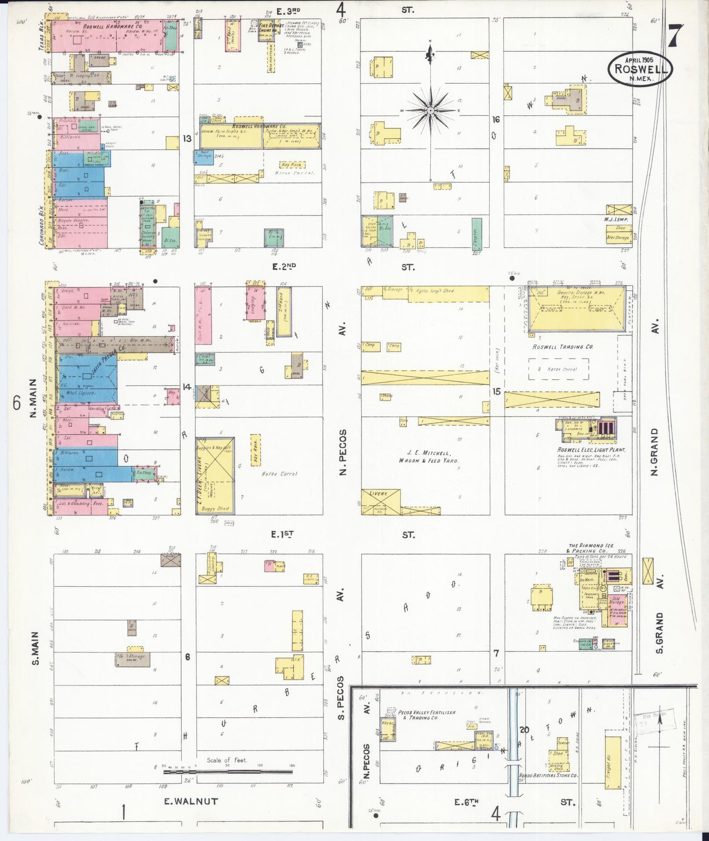 Sanborn Fire Insurance Map from Roswell, Chaves County, New Mexico (1905), Sheet #0007 - Historic Sanborn Fire Insurance Map Print, vintage old map wall art, antique decor, genealogy gift, New Mexico New Mexico map