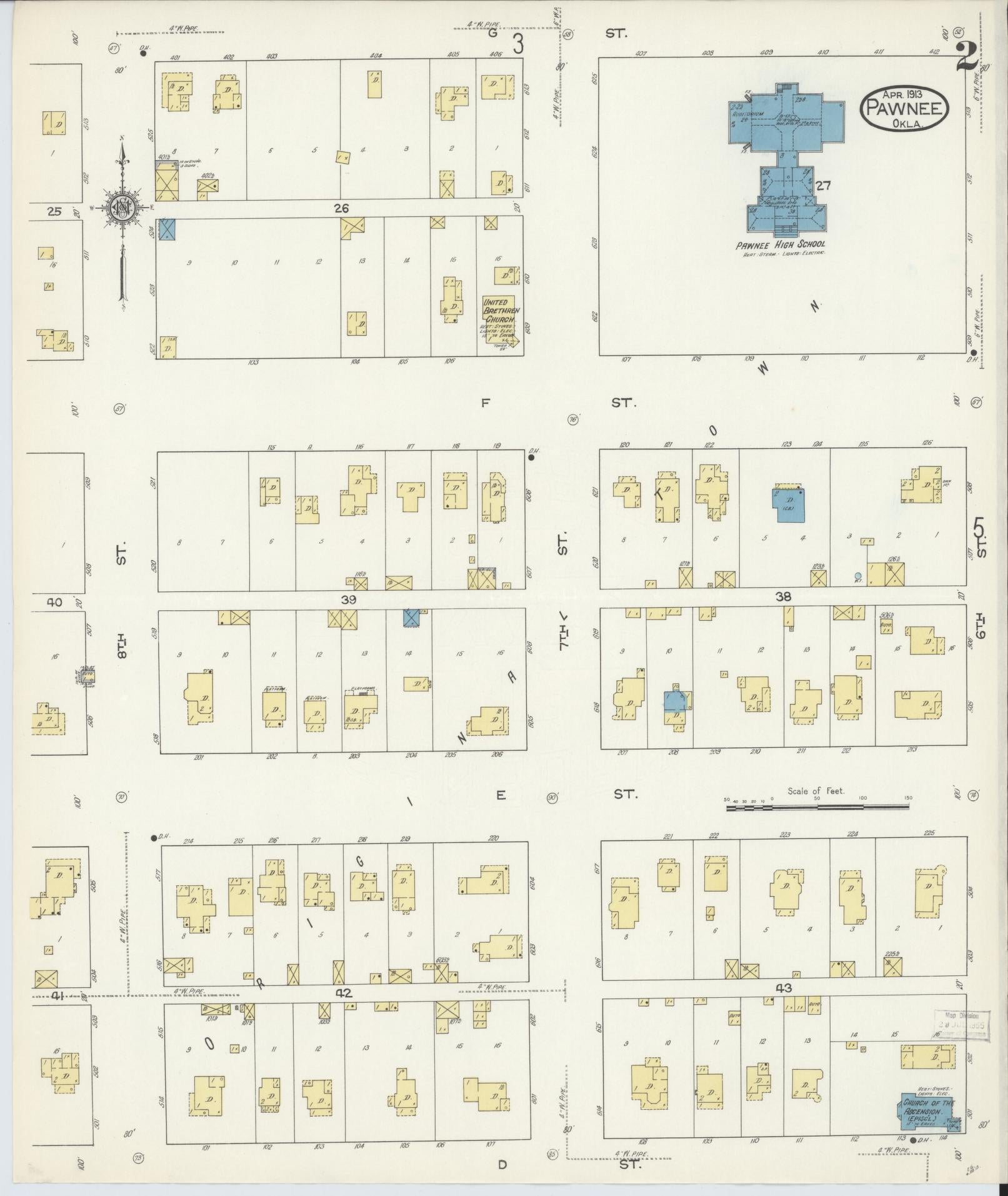 Sanborn Fire Insurance Map from Pawnee, Pawnee County, Oklahoma (1913), Sheet #0002 - Complete Map Set gallery image, historic Sanborn map, vintage wall art, Oklahoma Oklahoma