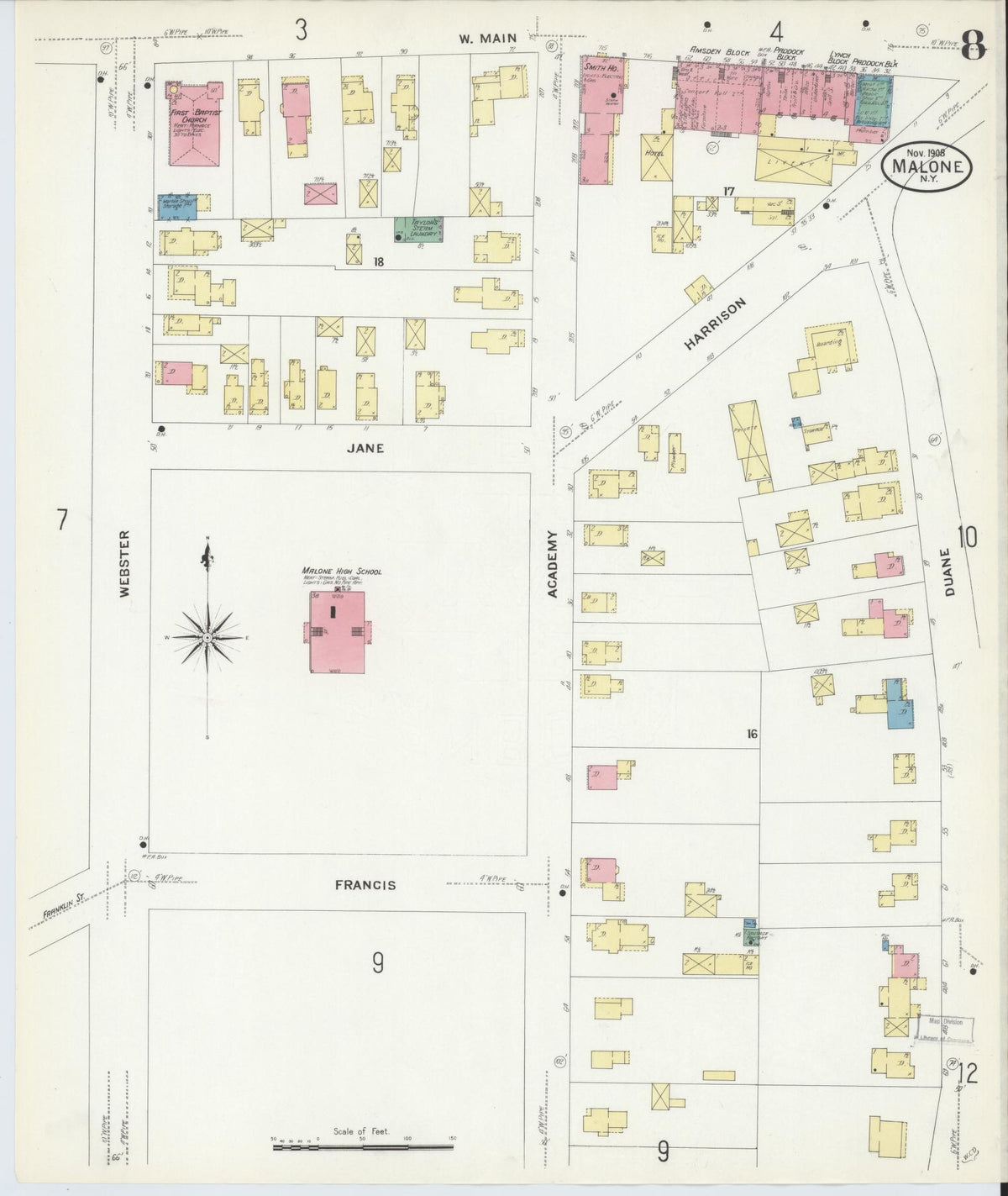 Sanborn Fire Insurance Map from Malone, Franklin County, New York (1908), Sheet #0008 - Historic Sanborn Fire Insurance Map Print, vintage old map wall art, antique decor, genealogy gift, New York New York map