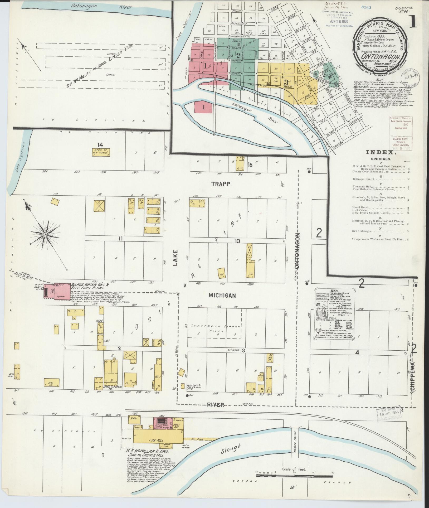 Sanborn Fire Insurance Map from Ontonagon, Ontonagon County, Michigan (1900), Sheet #0001 - Complete Map Set gallery image, historic Sanborn map, vintage wall art, Michigan Michigan