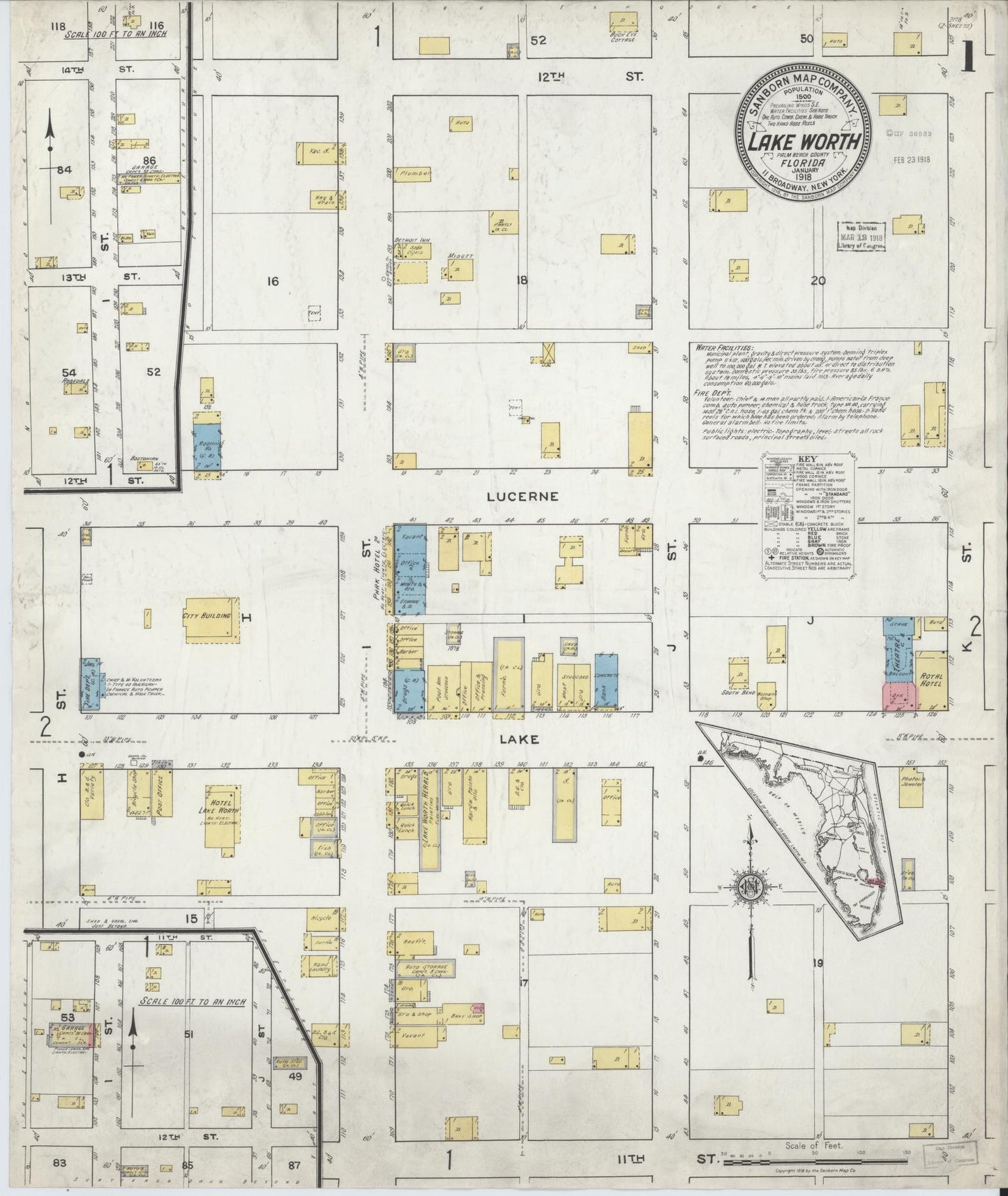Sanborn Fire Insurance Map from Lake Worth, Palm Beach County, Florida (1918), Sheet #0001 - Historic Sanborn Fire Insurance Map Print, vintage old map wall art, antique decor, genealogy gift, Florida Florida map