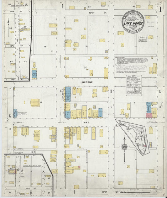 Sanborn Fire Insurance Map from Lake Worth, Palm Beach County, Florida (1918), Sheet #0001 - Historic Sanborn Fire Insurance Map Print, vintage old map wall art, antique decor, genealogy gift, Florida Florida map