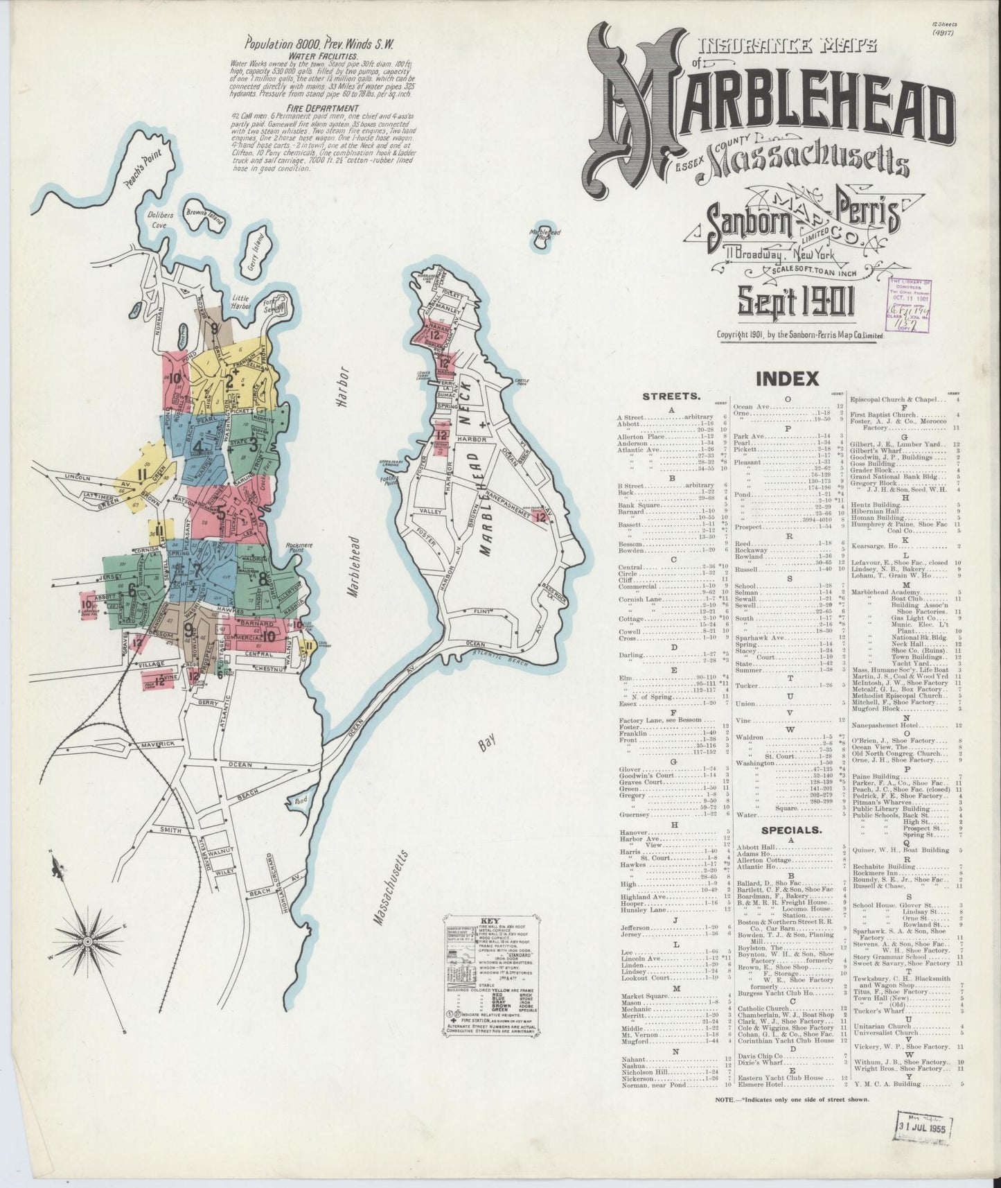 Sanborn Fire Insurance Map from Marblehead, Essex County, Massachusetts (1901), Sheet #0001 - Historic Sanborn Fire Insurance Map Print, vintage old map wall art, antique decor, genealogy gift, Massachusetts Massachusetts map
