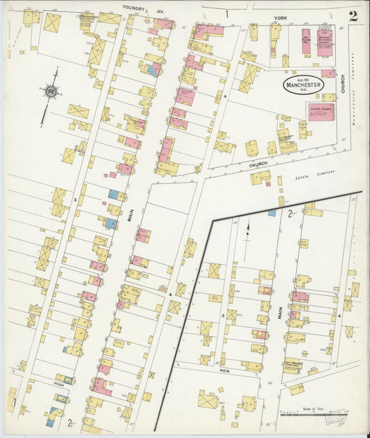 Sanborn Fire Insurance Map from Manchester, Carroll County, Maryland (1911), Sheet #0002 - Historic Sanborn Fire Insurance Map Print, vintage old map wall art, antique decor, genealogy gift, Maryland Maryland map