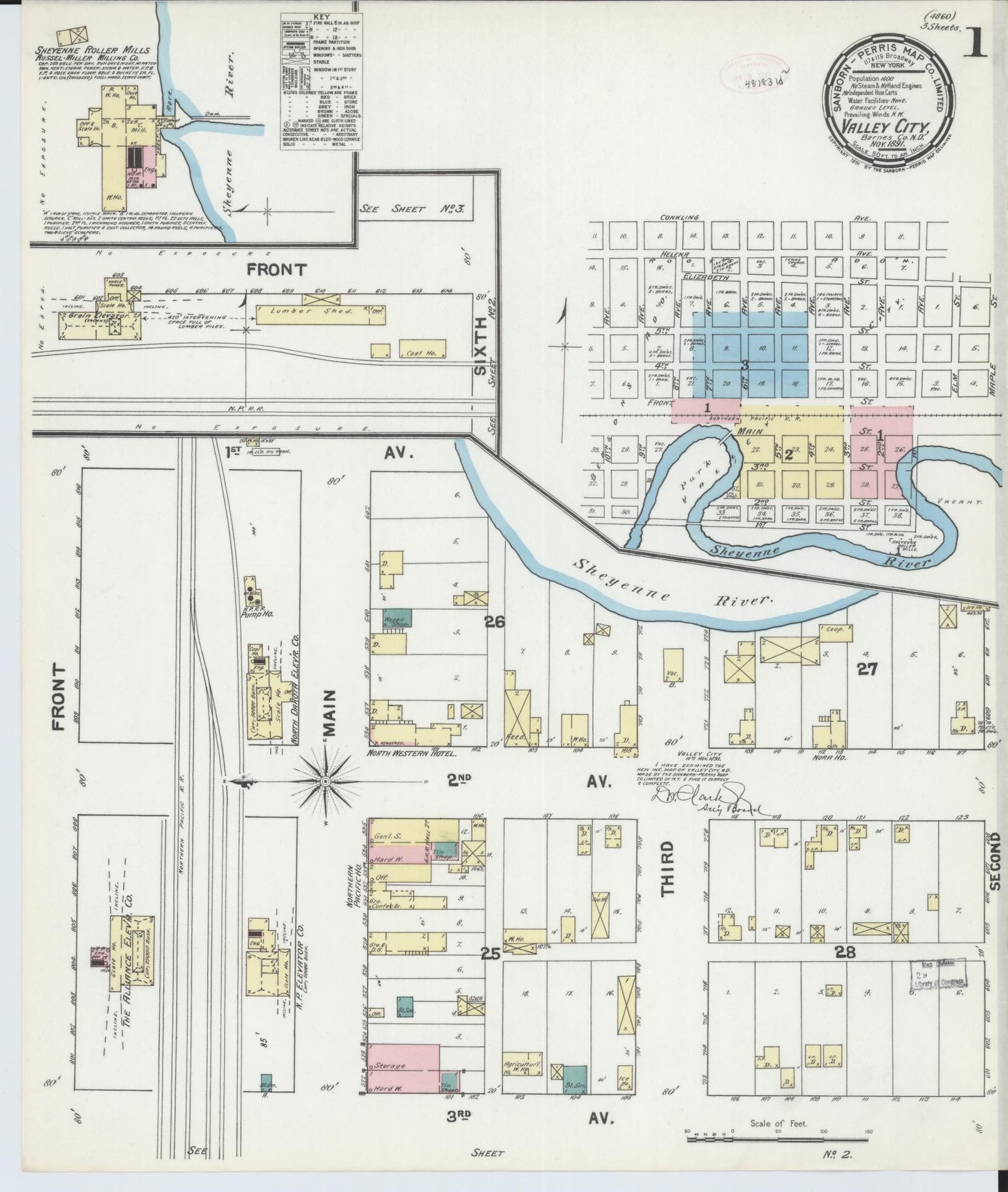 Sanborn Fire Insurance Map from Valley City, Barnes County, North Dakota (1891), Sheet #0001 - Historic Sanborn Fire Insurance Map Print, vintage old map wall art, antique decor, genealogy gift, North Dakota North Dakota map