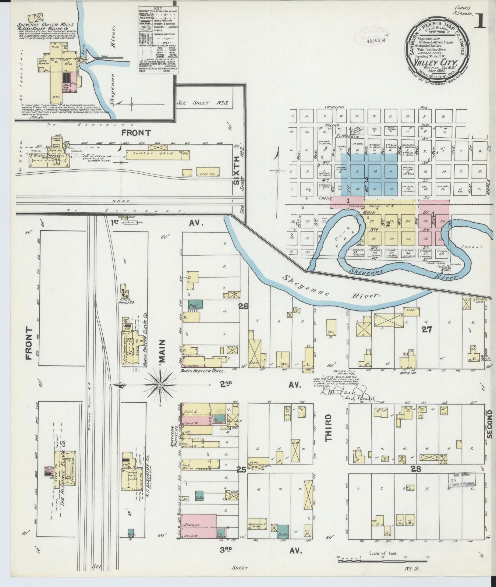 Sanborn Fire Insurance Map from Valley City, Barnes County, North Dakota (1891), Sheet #0001 - Historic Sanborn Fire Insurance Map Print, vintage old map wall art, antique decor, genealogy gift, North Dakota North Dakota map