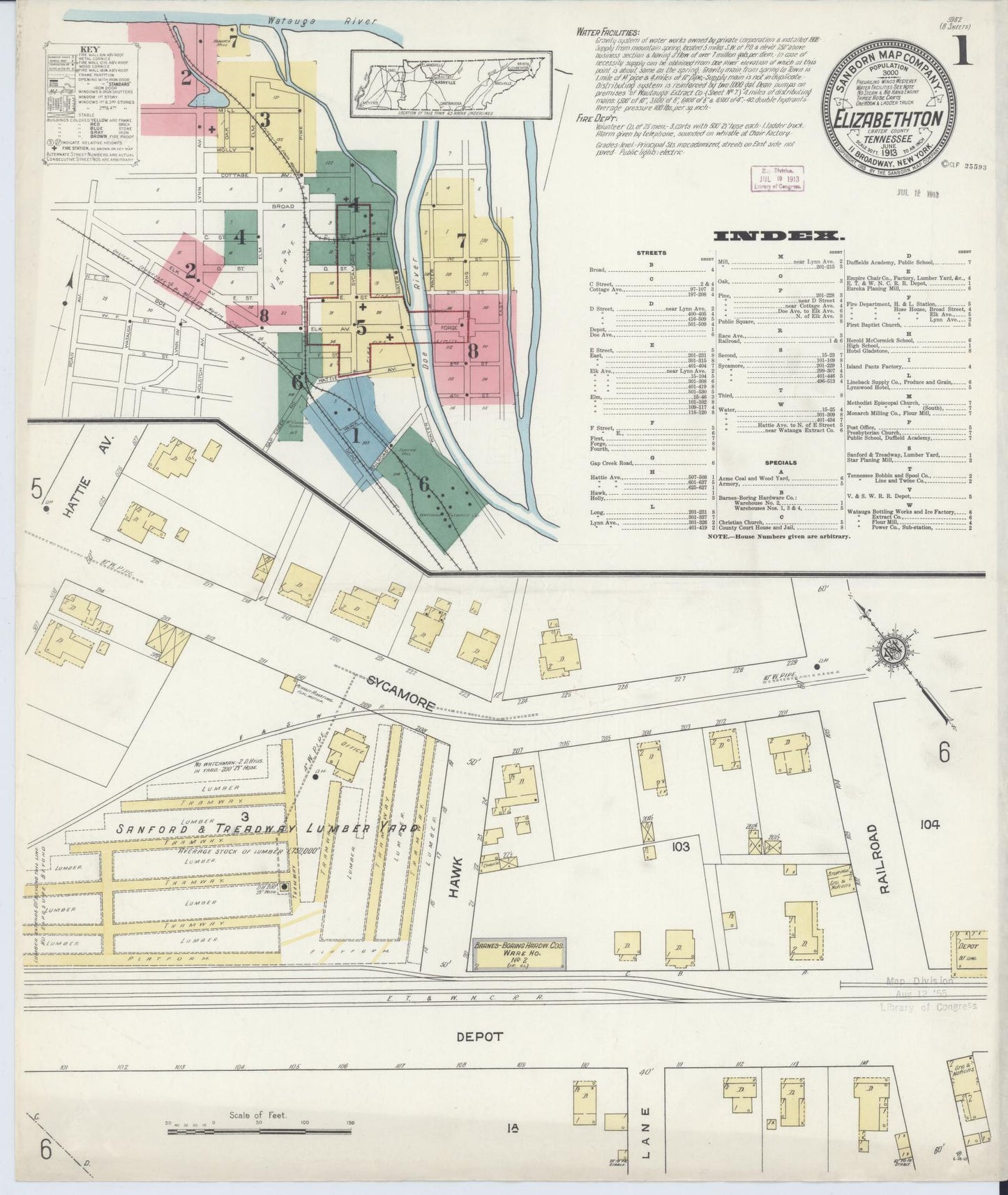 Sanborn Fire Insurance Map from Elizabethton, Carter County, Tennessee. (1913) – Historic Sanborn Fire Insurance Map Print