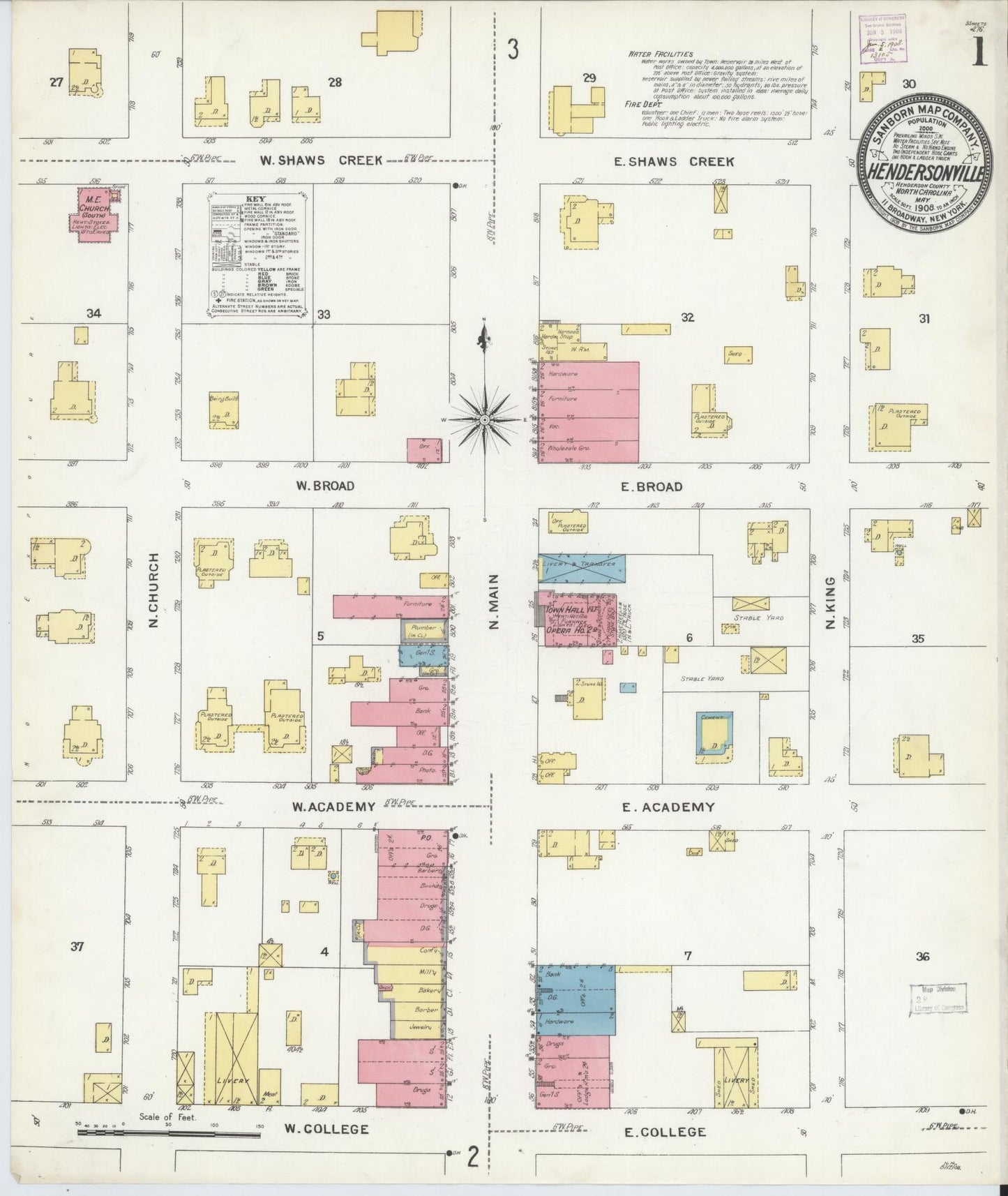 Sanborn Fire Insurance Map from Hendersonville, Henderson County, North Carolina (1908), Sheet #0001 - Complete Map Set gallery image, historic Sanborn map, vintage wall art, North Carolina North Carolina