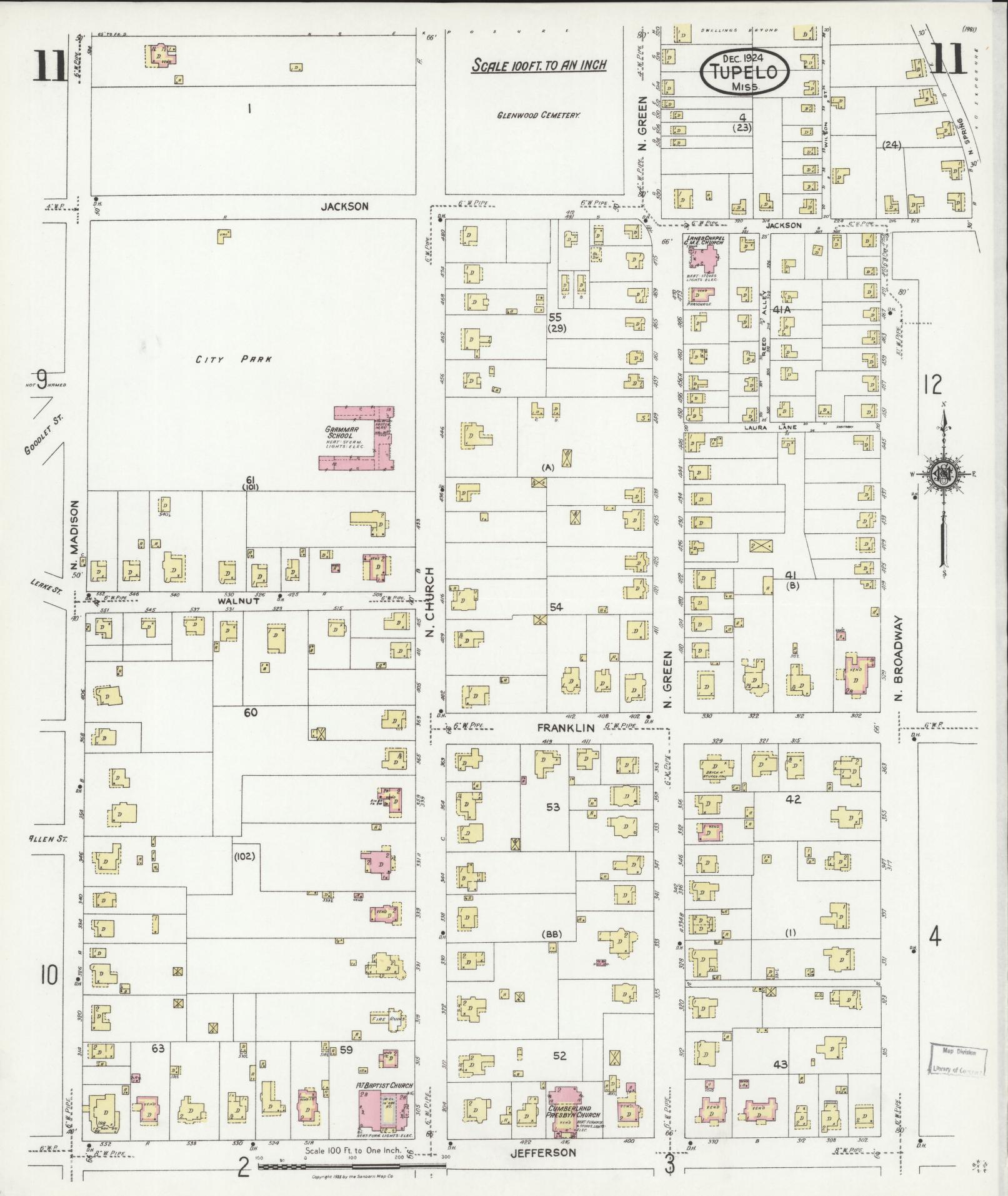 Sanborn Fire Insurance Map from Tupelo, Lee County, Mississippi (1924), Sheet #0011 - Complete Map Set gallery image, historic Sanborn map, vintage wall art, Mississippi Mississippi