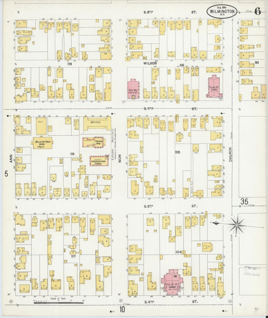 Sanborn Fire Insurance Map from Wilmington, New Hanover County, North Carolina (1904), Sheet #0006 - Historic Sanborn Fire Insurance Map Print, vintage old map wall art, antique decor, genealogy gift, North Carolina North Carolina map