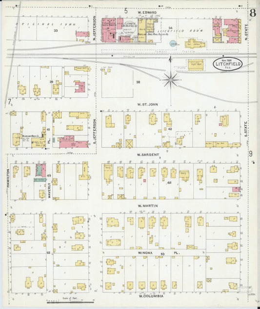 Sanborn Fire Insurance Map from Litchfield, Montgomery County, Illinois (1905), Sheet #0008 - Historic Sanborn Fire Insurance Map Print, vintage old map wall art, antique decor, genealogy gift, Illinois Illinois map