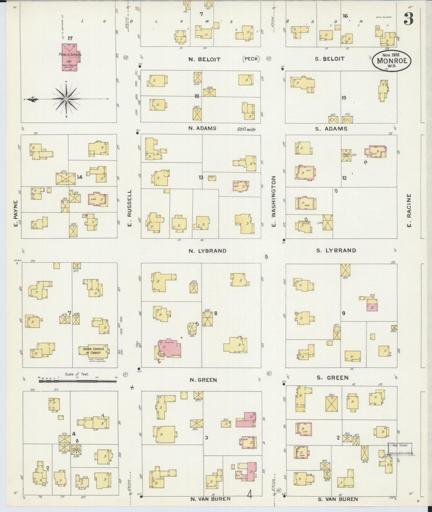 Sanborn Fire Insurance Map from Monroe, Green County, Wisconsin (1908), Sheet #0003 - Complete Map Set gallery image, historic Sanborn map, vintage wall art, Wisconsin Wisconsin