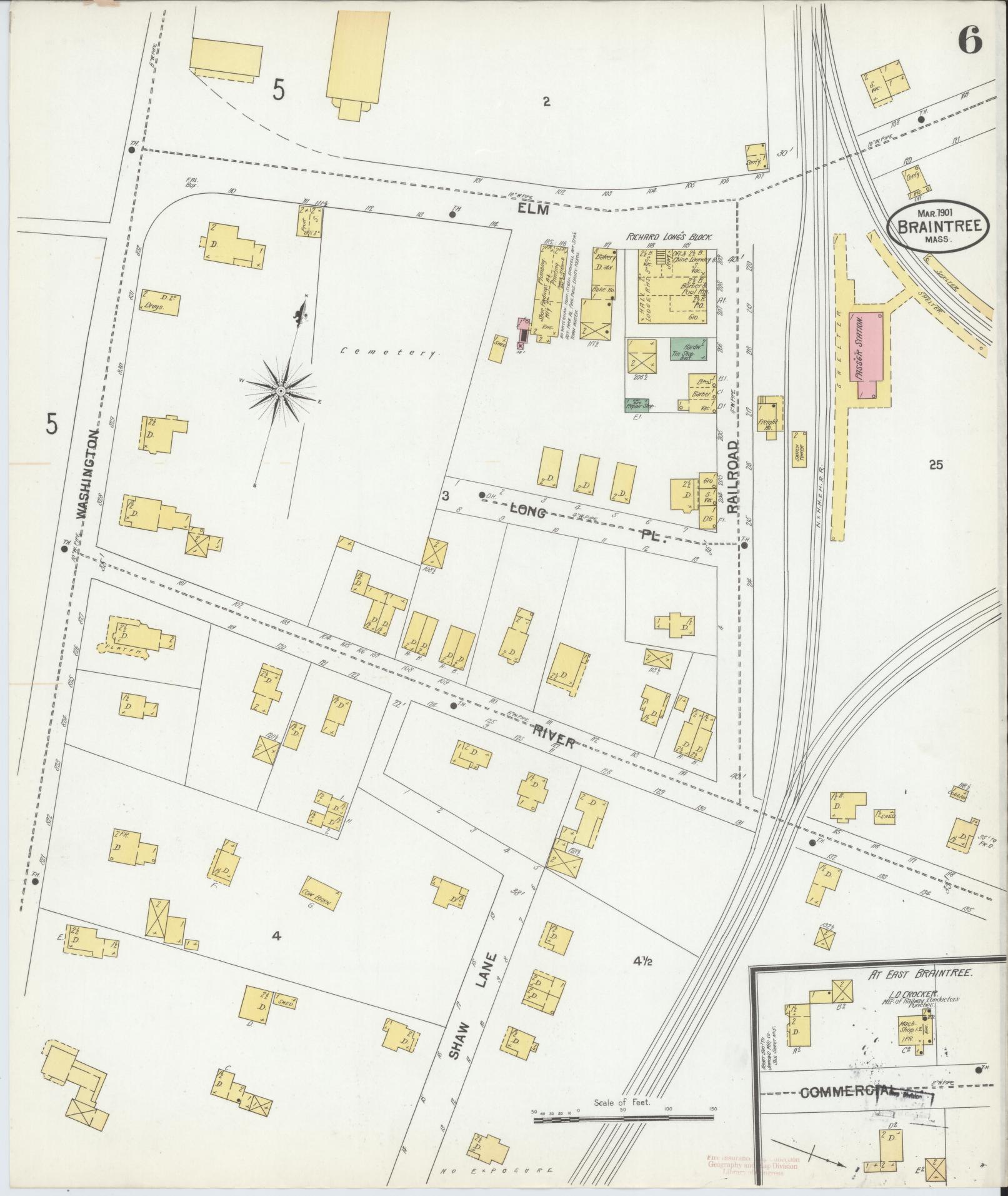 Sanborn Fire Insurance Map from Braintree, Norfolk County, Massachusetts (1901), Sheet #0006 - Complete Map Set gallery image, historic Sanborn map, vintage wall art, Massachusetts Massachusetts