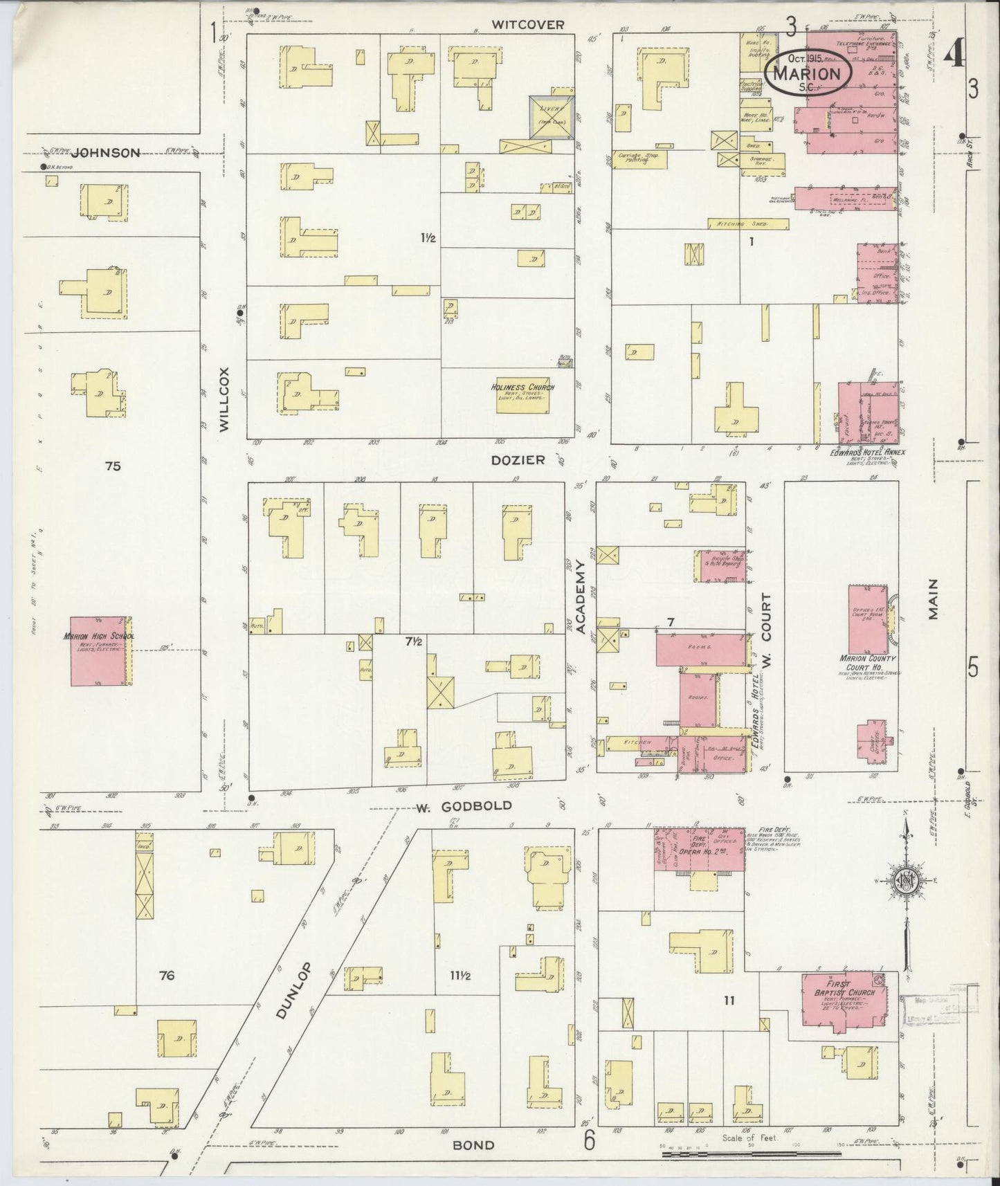 Sanborn Fire Insurance Map from Marion, Marion County, South Carolina (1915), Sheet #0004 - Complete Map Set gallery image, historic Sanborn map, vintage wall art, South Carolina South Carolina