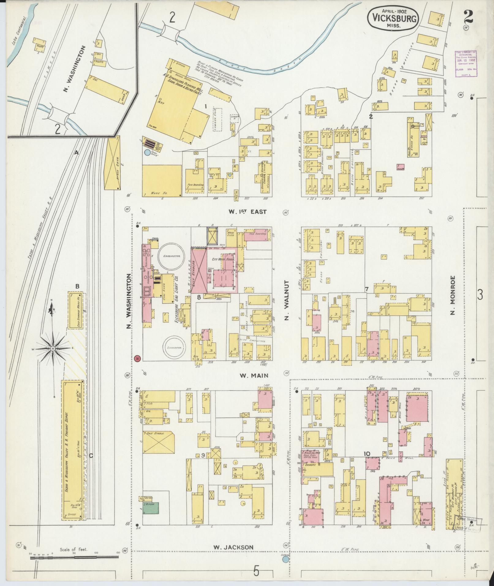 Sanborn Fire Insurance Map from Vicksburg, Warren County, Mississippi (1902), Sheet #0002 - Historic Sanborn Fire Insurance Map Print, vintage old map wall art, antique decor, genealogy gift, Mississippi Mississippi map