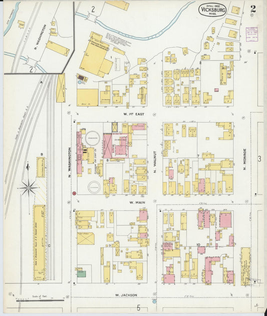 Sanborn Fire Insurance Map from Vicksburg, Warren County, Mississippi (1902), Sheet #0002 - Historic Sanborn Fire Insurance Map Print, vintage old map wall art, antique decor, genealogy gift, Mississippi Mississippi map