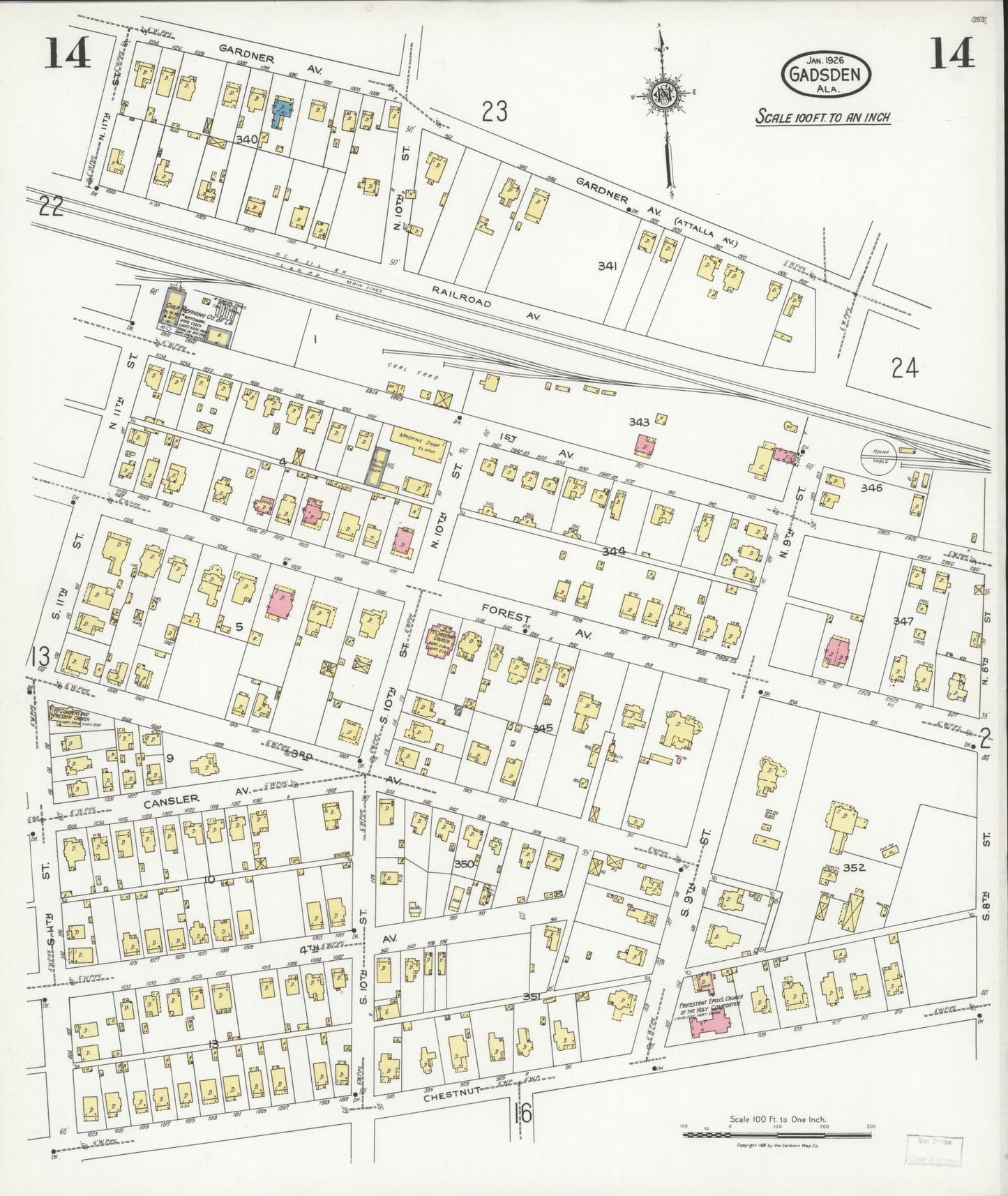 Sanborn Fire Insurance Map from Gadsden, Etowah County, Alabama (1926), Sheet #0014 - Complete Map Set gallery image, historic Sanborn map, vintage wall art, Alabama Alabama