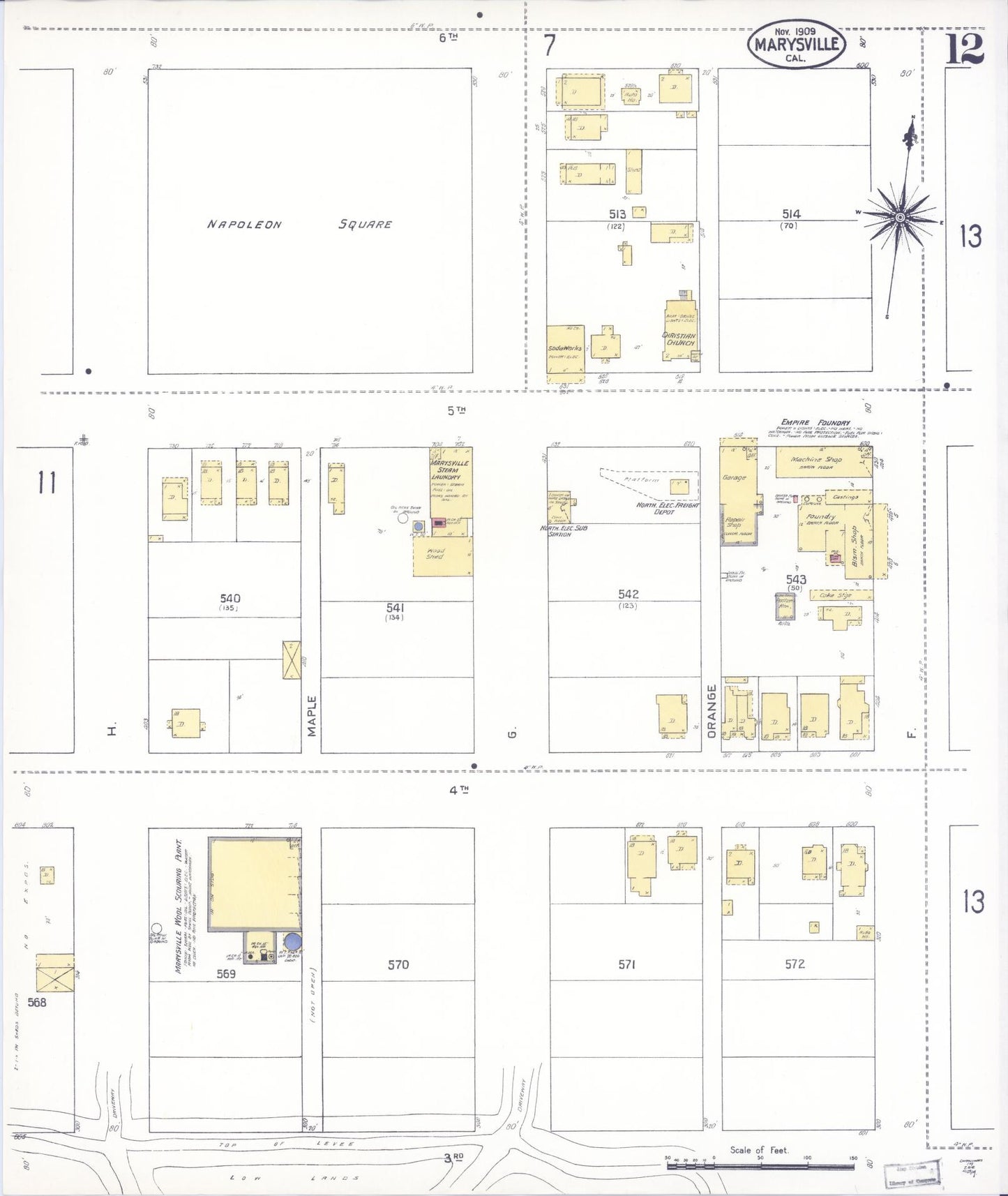 Sanborn Fire Insurance Map from Marysville, Yuba County, California (1909), Sheet #0012 - Historic Sanborn Fire Insurance Map Print, vintage old map wall art, antique decor, genealogy gift, California California map