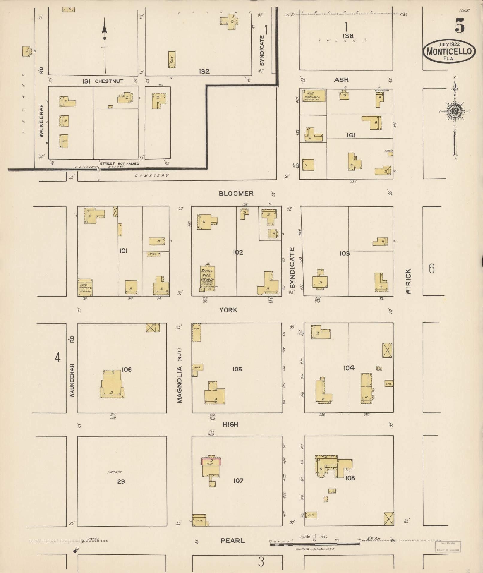 Sanborn Fire Insurance Map from Monticello, Jefferson County, Florida (1922), Sheet #0005 - Historic Sanborn Fire Insurance Map Print, vintage old map wall art, antique decor, genealogy gift, Florida Florida map
