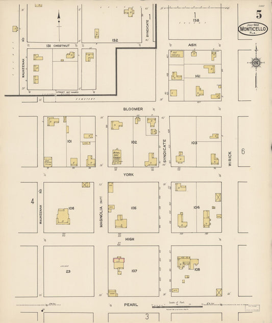 Sanborn Fire Insurance Map from Monticello, Jefferson County, Florida (1922), Sheet #0005 - Historic Sanborn Fire Insurance Map Print, vintage old map wall art, antique decor, genealogy gift, Florida Florida map