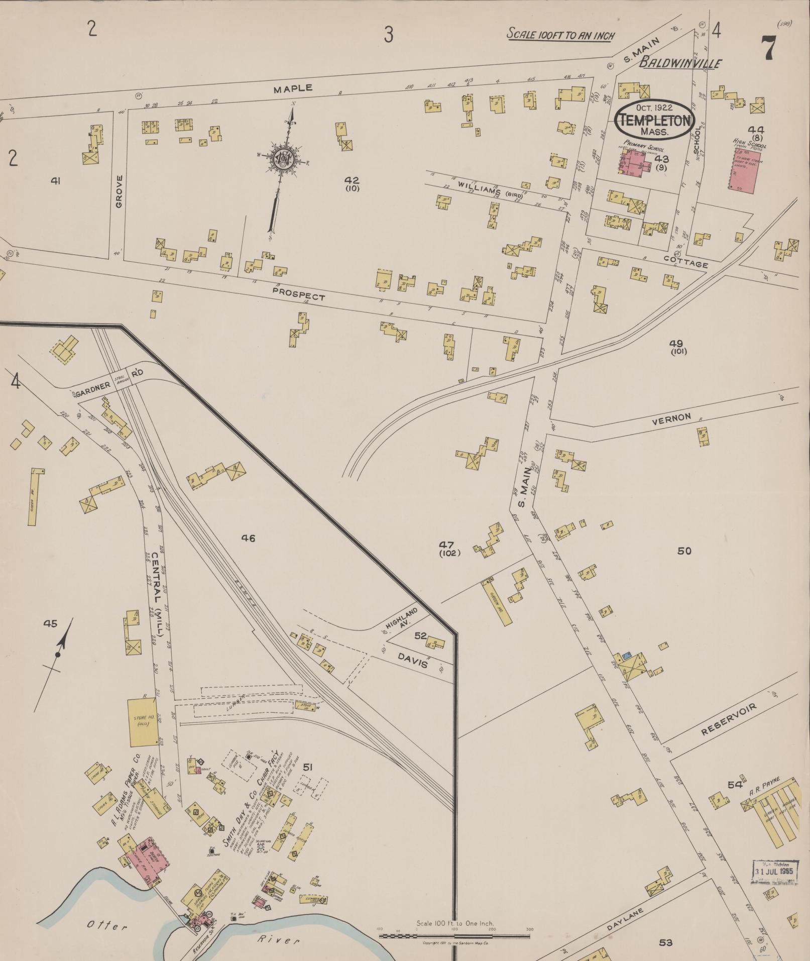 Sanborn Fire Insurance Map from Templeton, Worcester County, Massachusetts (1922), Sheet #0007 - Historic Sanborn Fire Insurance Map Print, vintage old map wall art, antique decor, genealogy gift, Massachusetts Massachusetts map