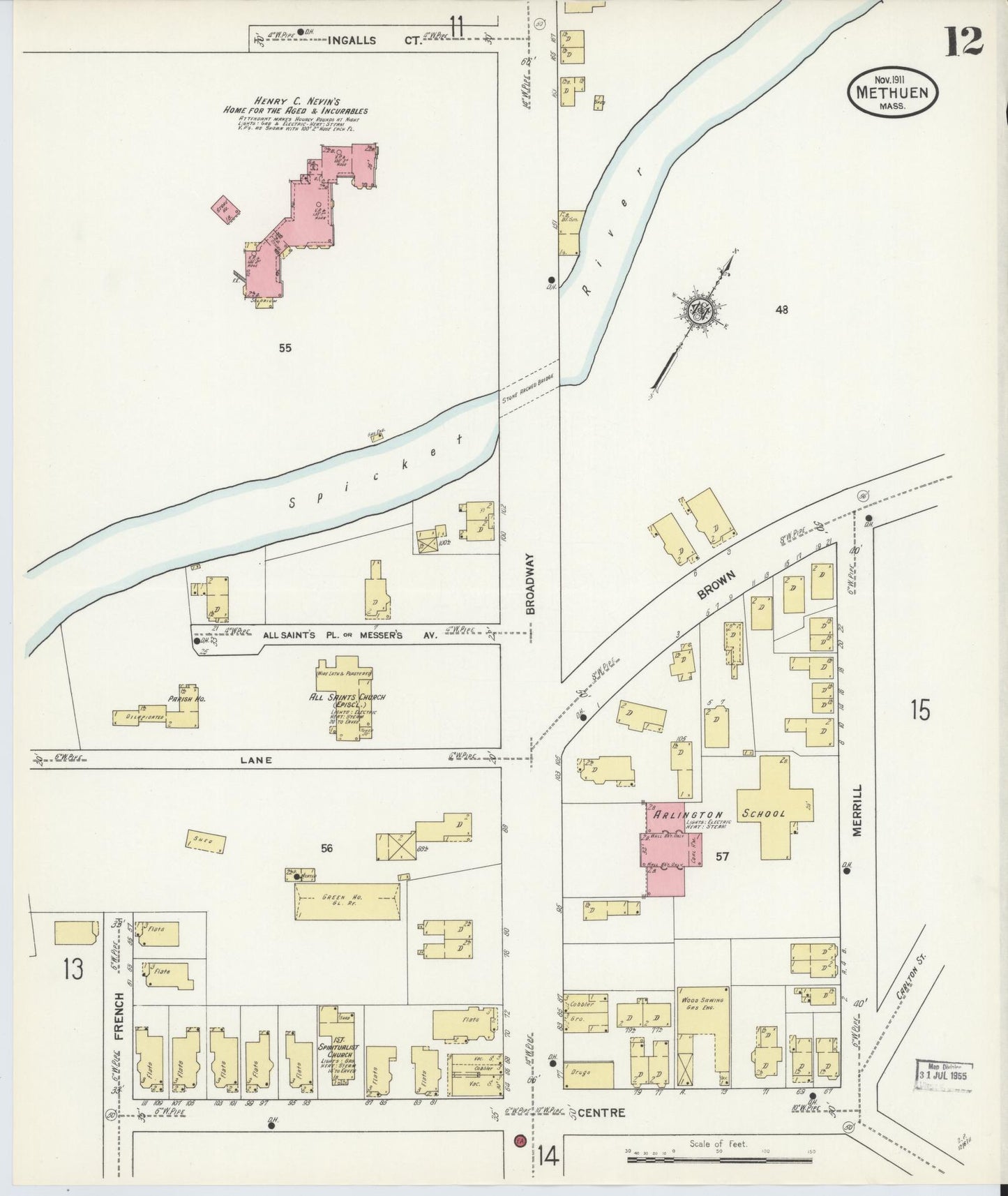 Sanborn Fire Insurance Map from Methuen, Essex County, Massachusetts (1911), Sheet #0012 - Complete Map Set gallery image, historic Sanborn map, vintage wall art, Massachusetts Massachusetts