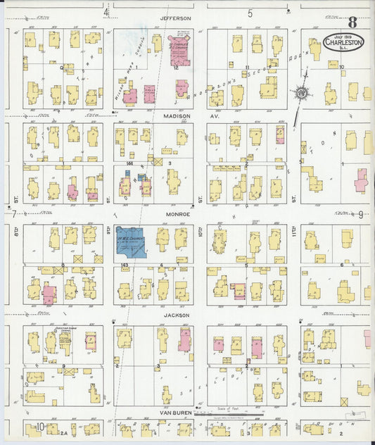 Sanborn Fire Insurance Map from Charleston, Coles County, Illinois (1919), Sheet #0008 - Historic Sanborn Fire Insurance Map Print, vintage old map wall art, antique decor, genealogy gift, Illinois Illinois map