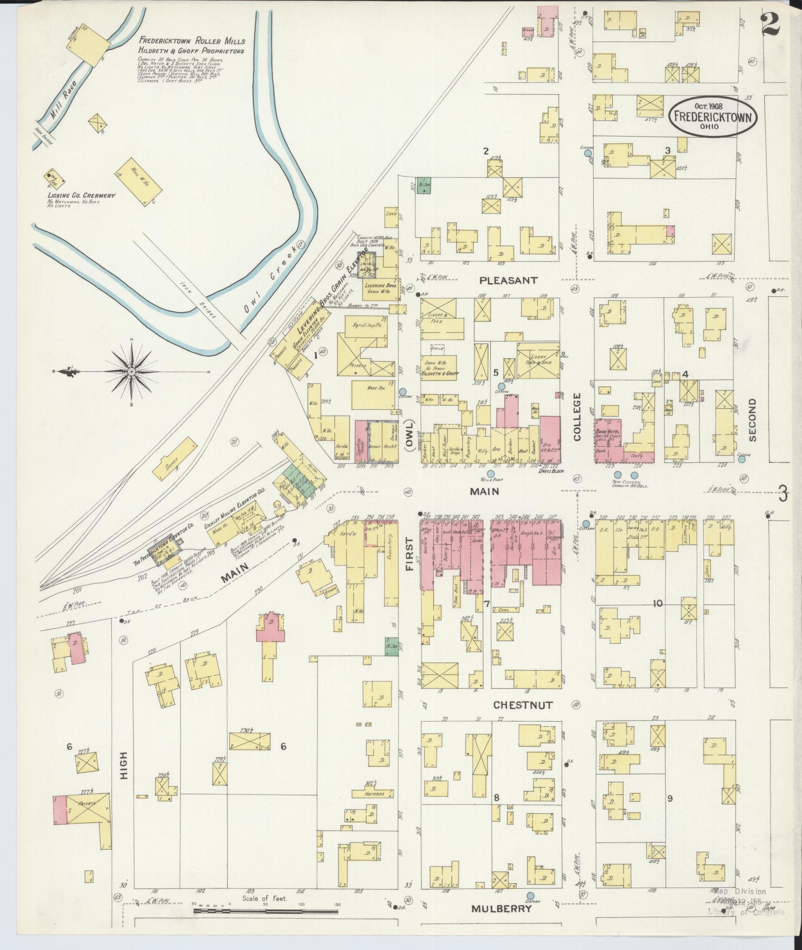 Sanborn Fire Insurance Map from Fredericktown, Knox County, Ohio (1908), Sheet #0002 - Historic Sanborn Fire Insurance Map Print, vintage old map wall art, antique decor, genealogy gift, Ohio Ohio map
