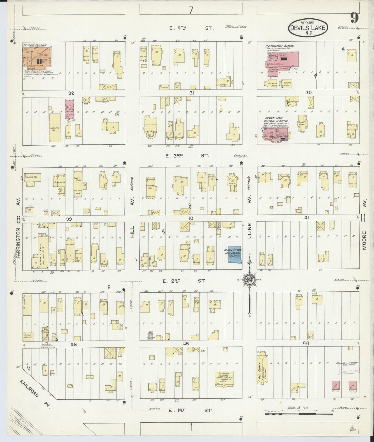 Sanborn Fire Insurance Map from Devils Lake, Ramsey County, North Dakota (1914), Sheet #0009 - Complete Map Set gallery image, historic Sanborn map, vintage wall art, North Dakota North Dakota