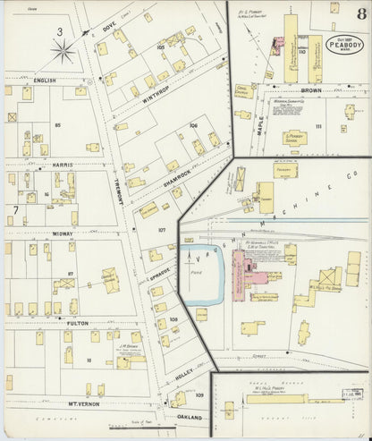 Sanborn Fire Insurance Map from Peabody, Essex County, Massachusetts (1897), Sheet #0008 - Historic Sanborn Fire Insurance Map Print, vintage old map wall art, antique decor, genealogy gift, Massachusetts Massachusetts map