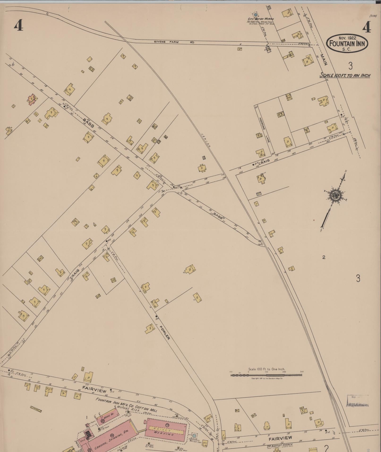 Sanborn Fire Insurance Map from Fountain Inn, Greenville And Laurens County, South Carolina (1922), Sheet #0004 - Complete Map Set gallery image, historic Sanborn map, vintage wall art, South Carolina South Carolina